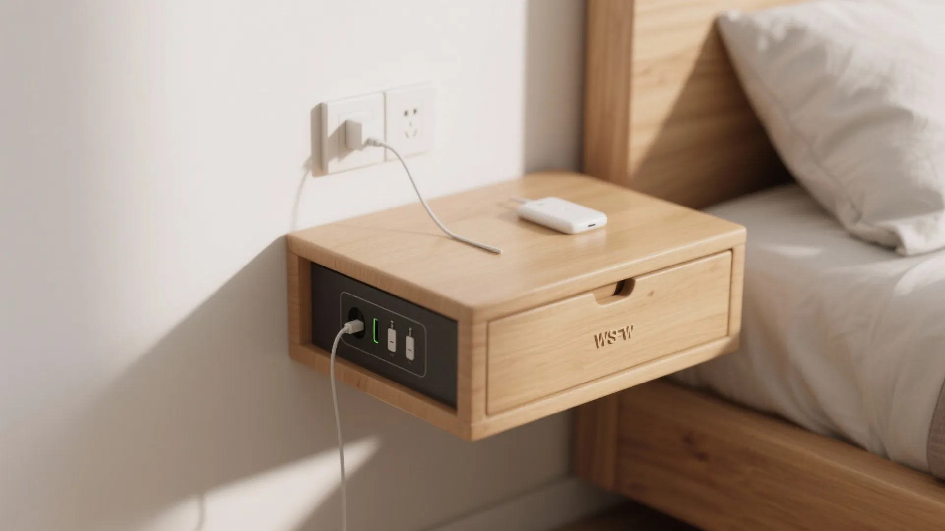 Modern wood floating nightstand with built-in power outlets and charging cables next to a bed
