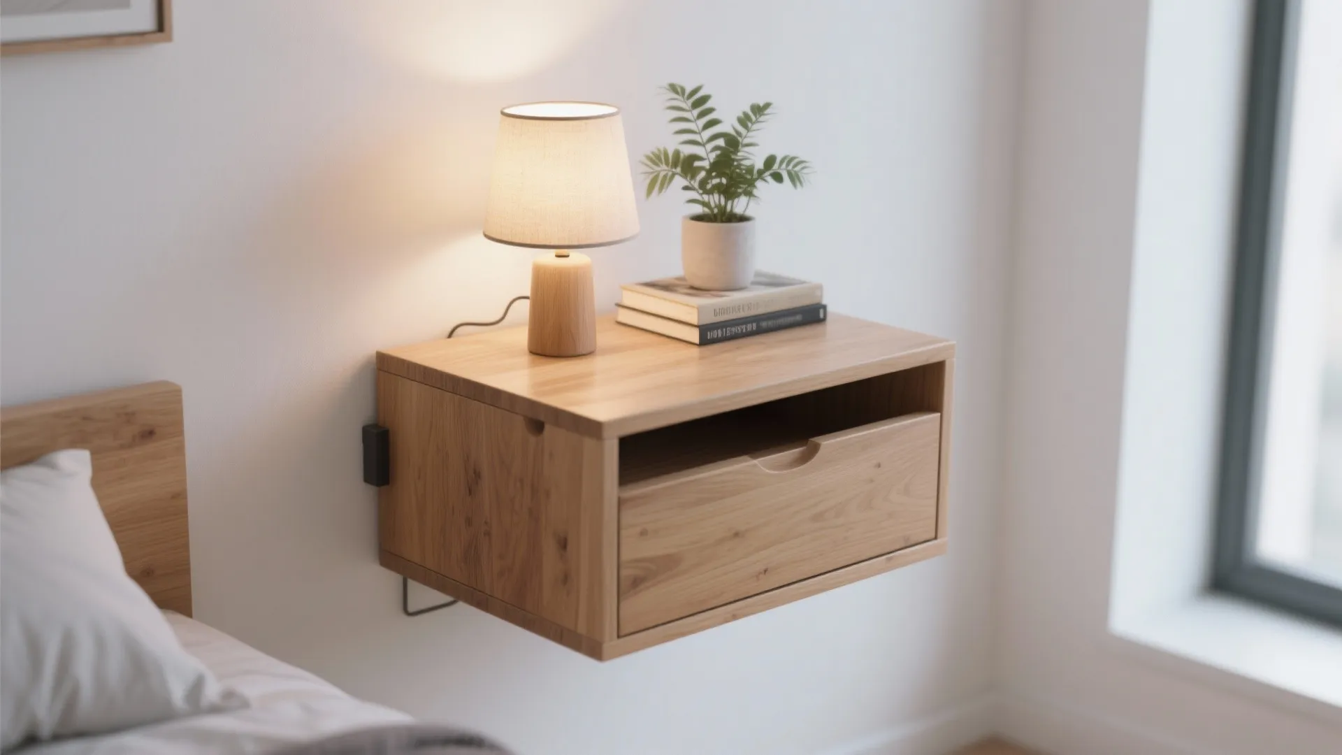 Floating wooden nightstand with lamp and decor in small bedroom