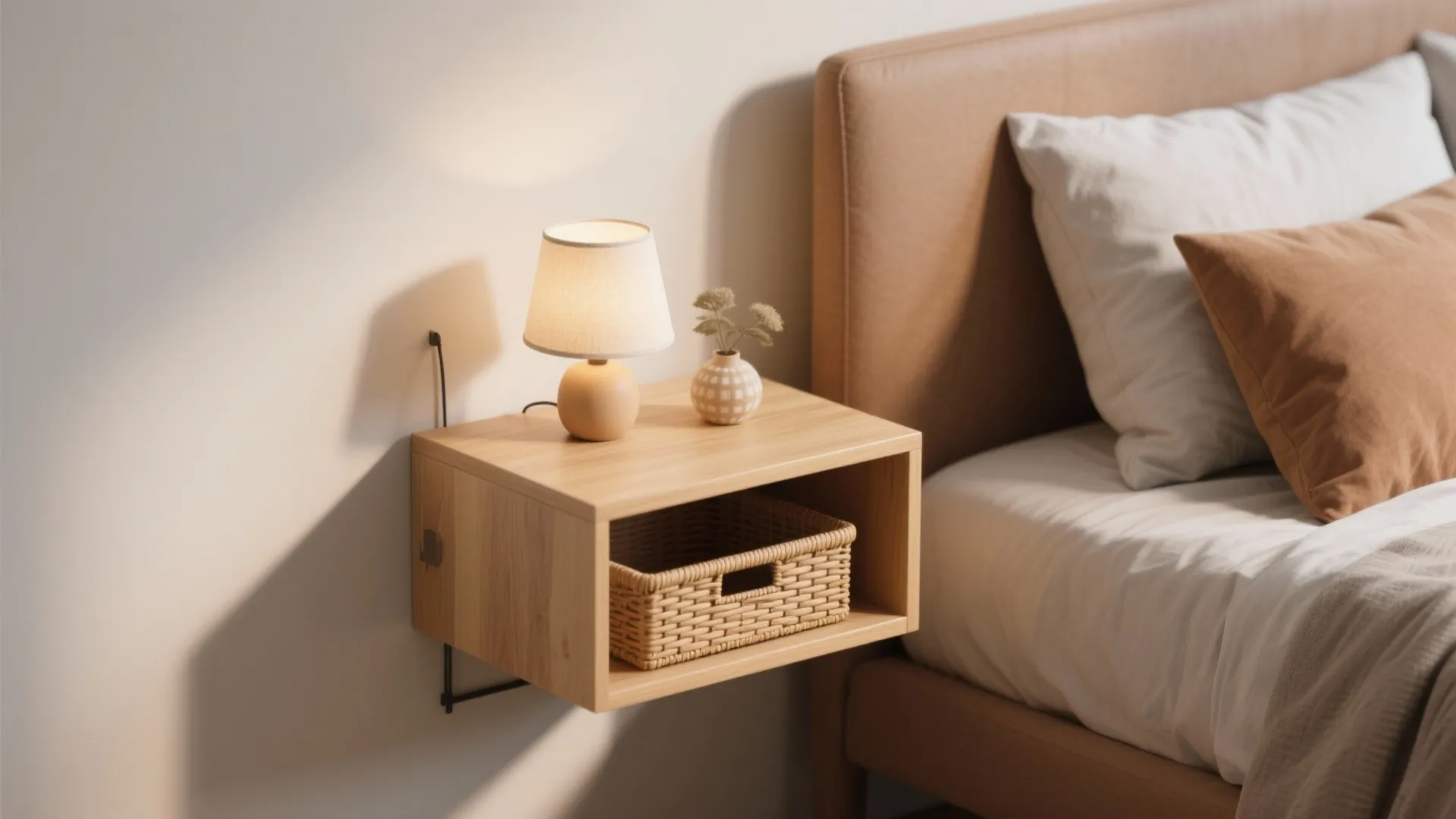 Wooden wall cabinet used as a bedside table with a small lamp and storage basket