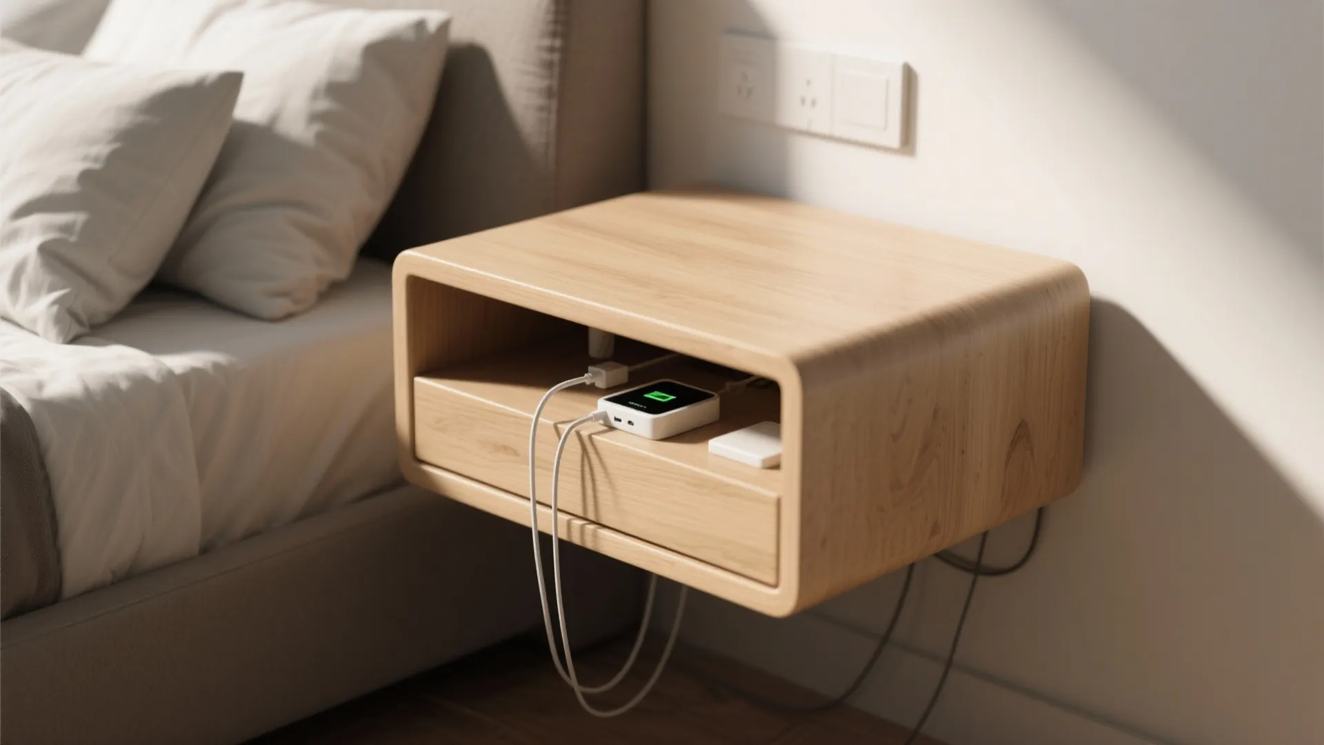 A wooden bedside table fixed to the wall with charging cables and a small device