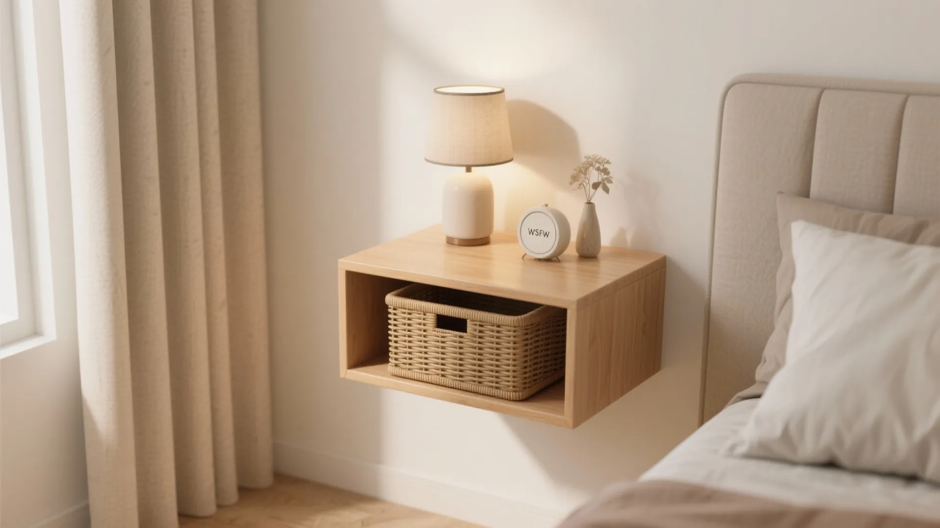 Floating nightstand with storage basket underneath in a modern bedroom
