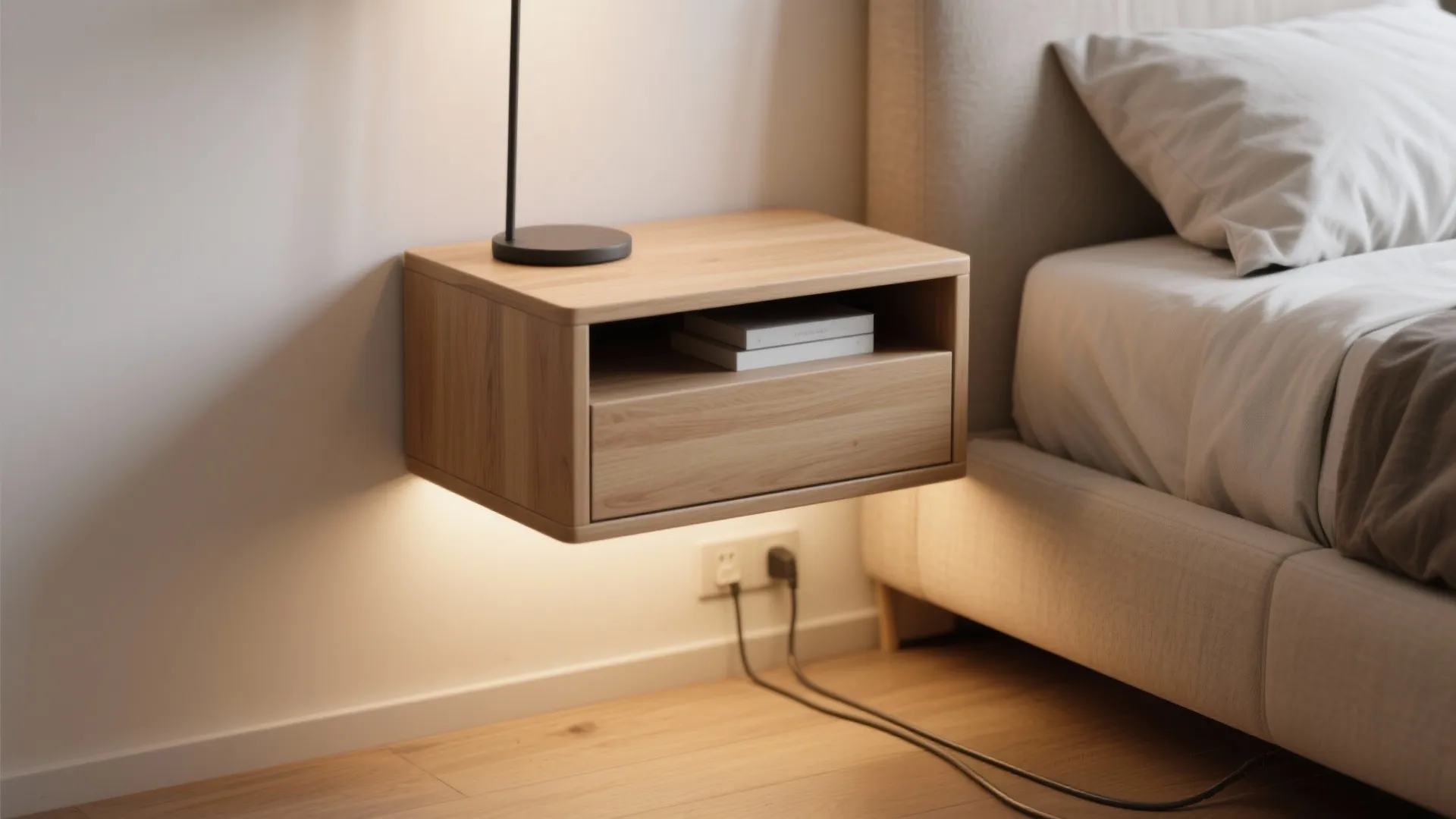 Wooden floating bedside table with black lamp next to bed with warm light underneath wall