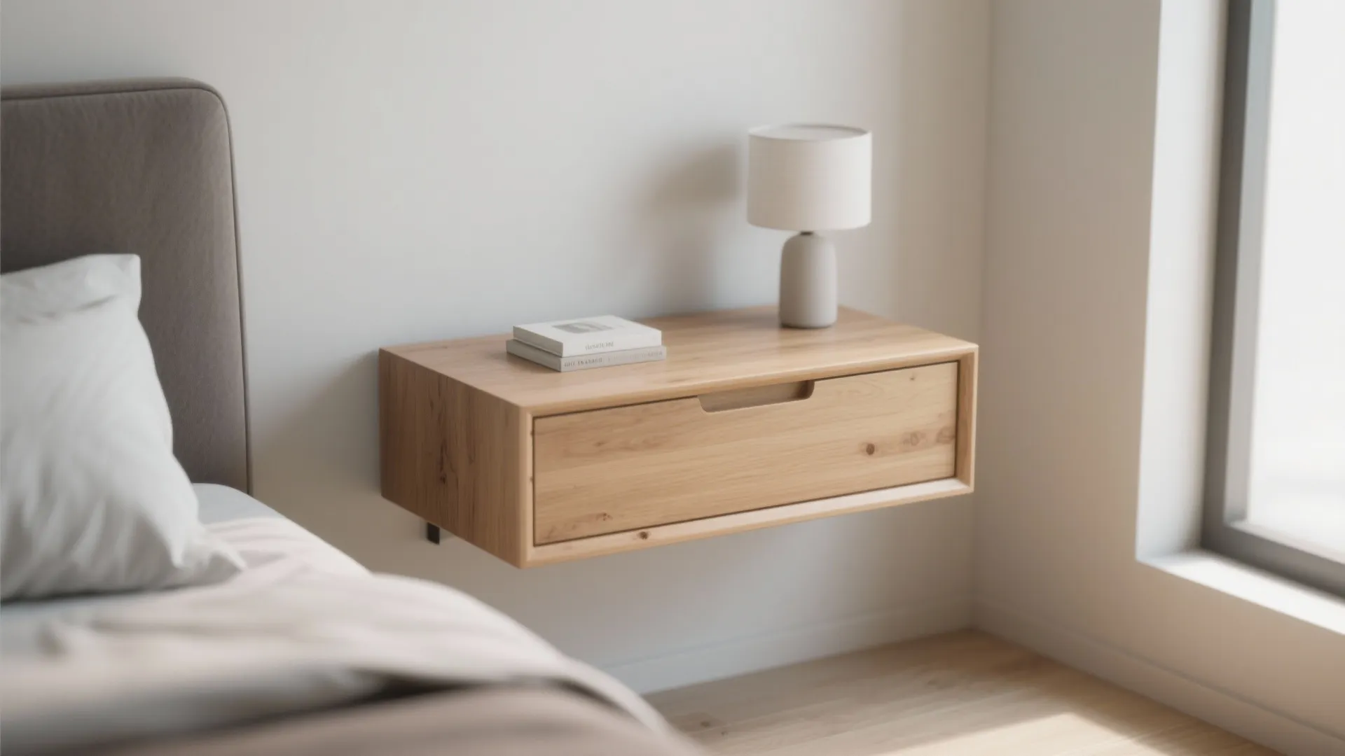 Minimalist wooden floating nightstand with books and small lamp beside a bed in bright room