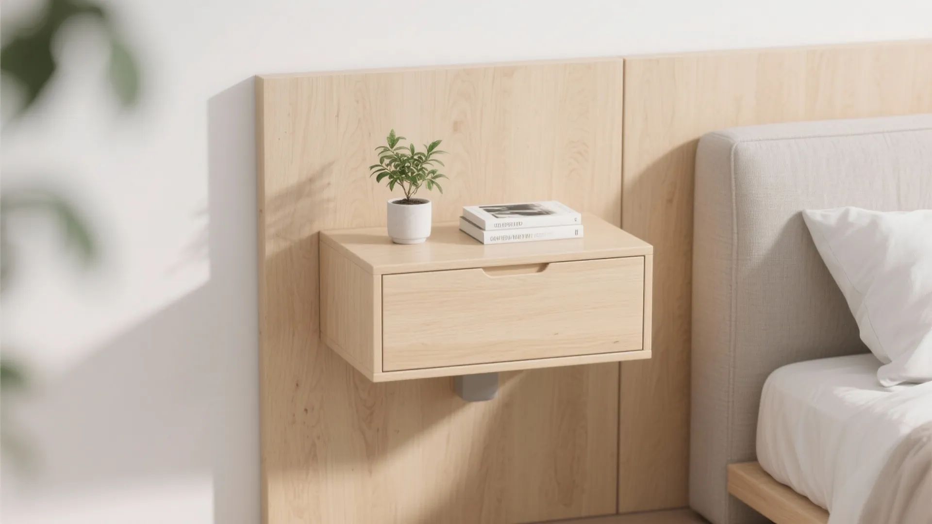 Floating nightstand with plant and book in small bedroom