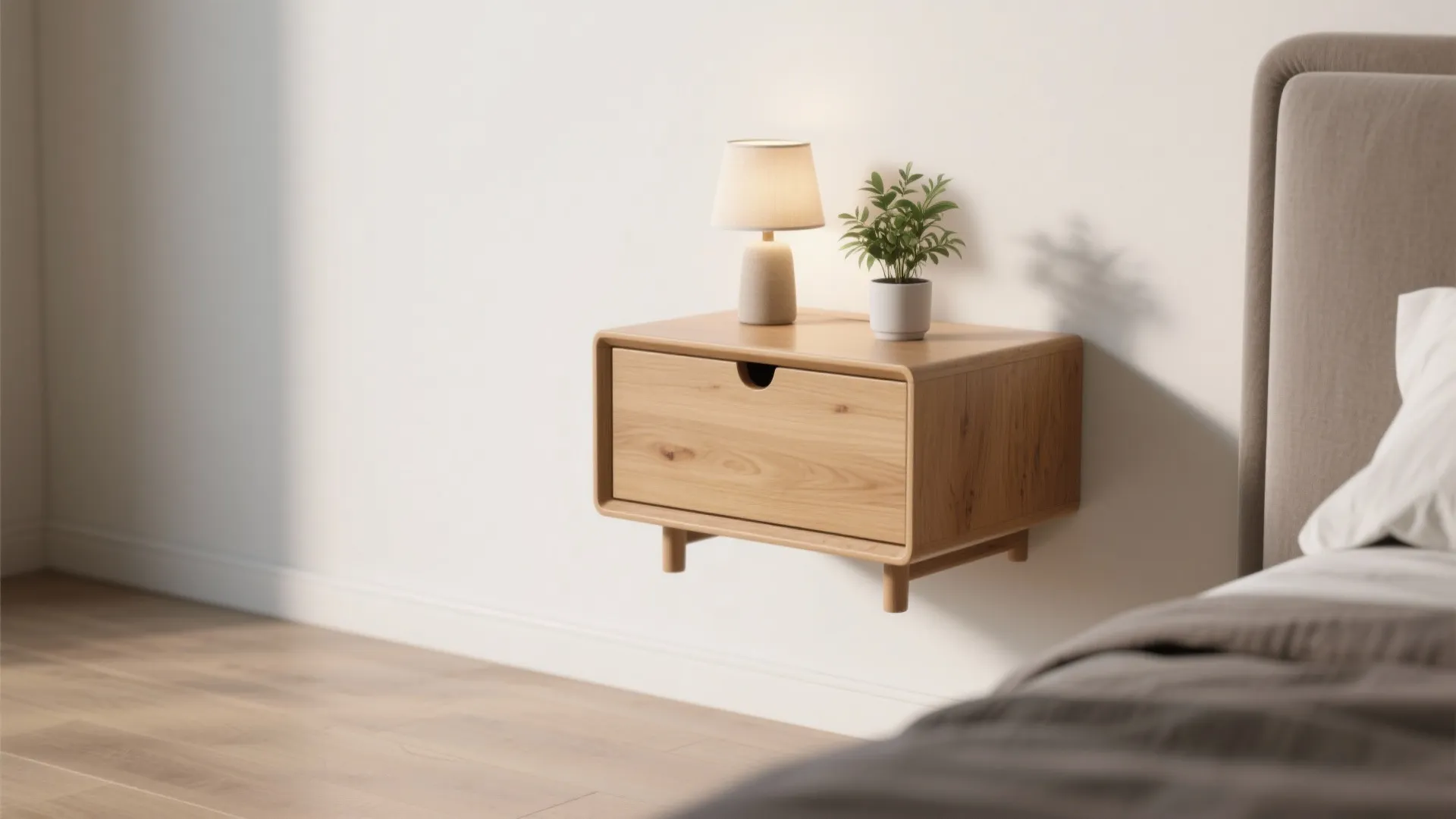 Floating nightstand with small lamp in modern bedroom