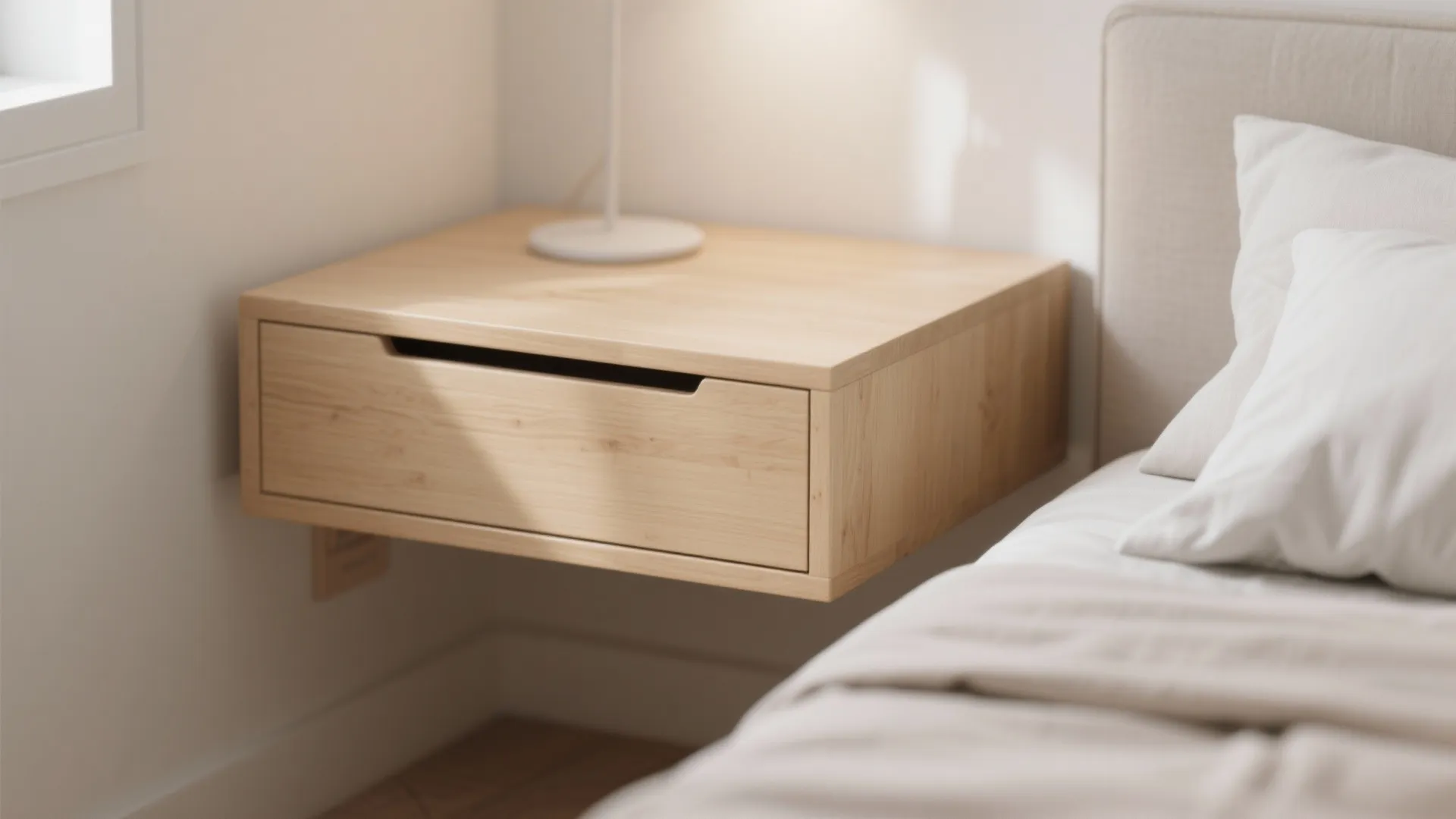 Close up of a wooden floating cabinet mounted on a white wall next to a bed