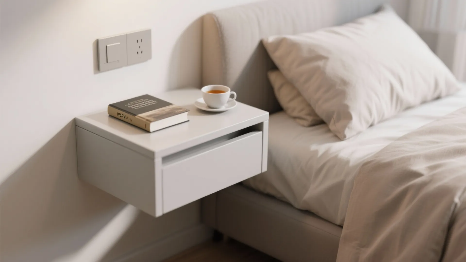 Floating wall-mounted nightstand with book and tea