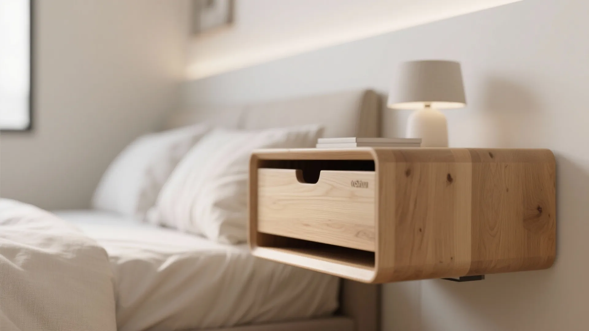 Close up of a wooden floating bedside table with drawer next to a white bed
