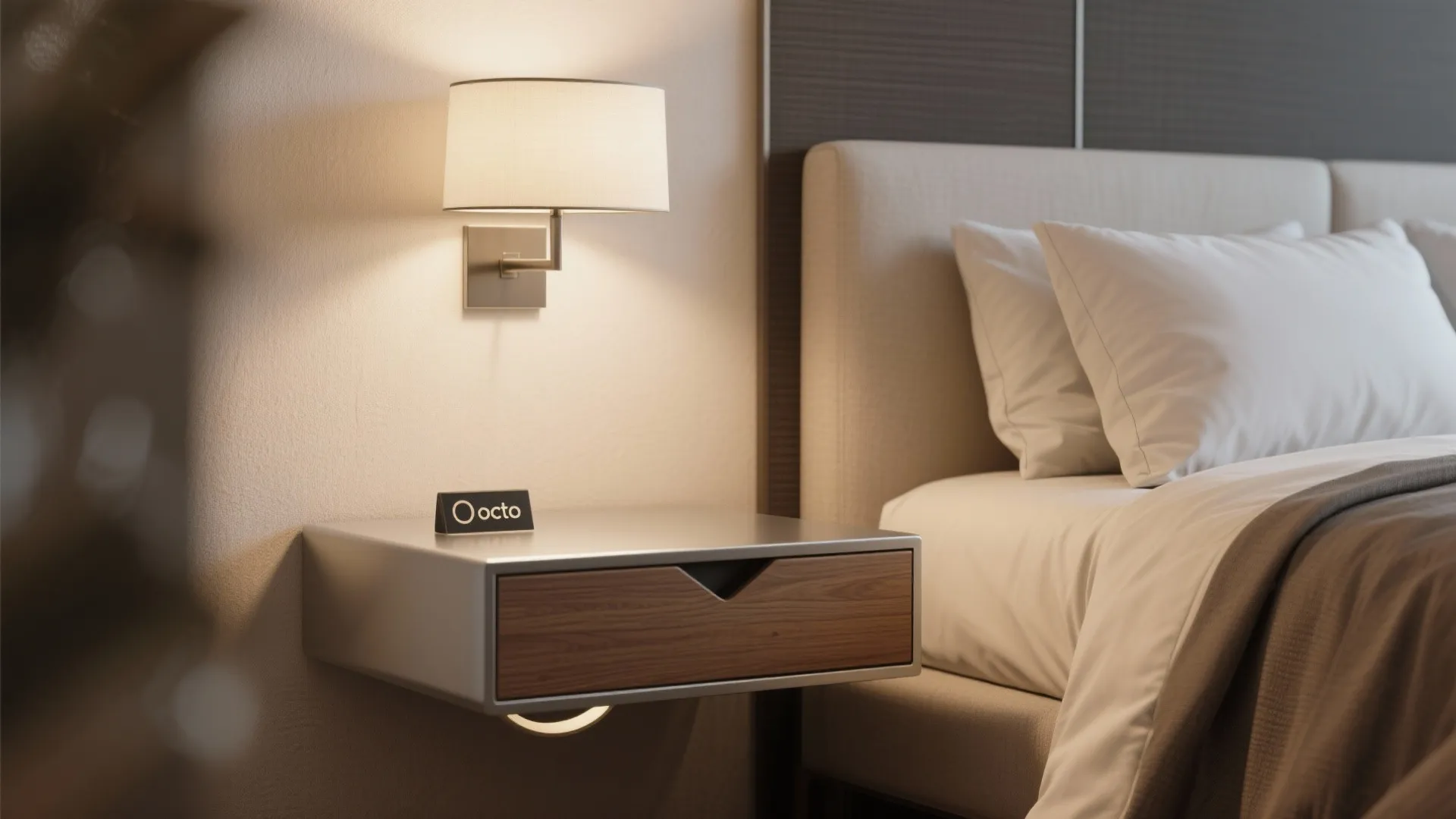 Floating nightstand with wall lamp in modern small bedroom.