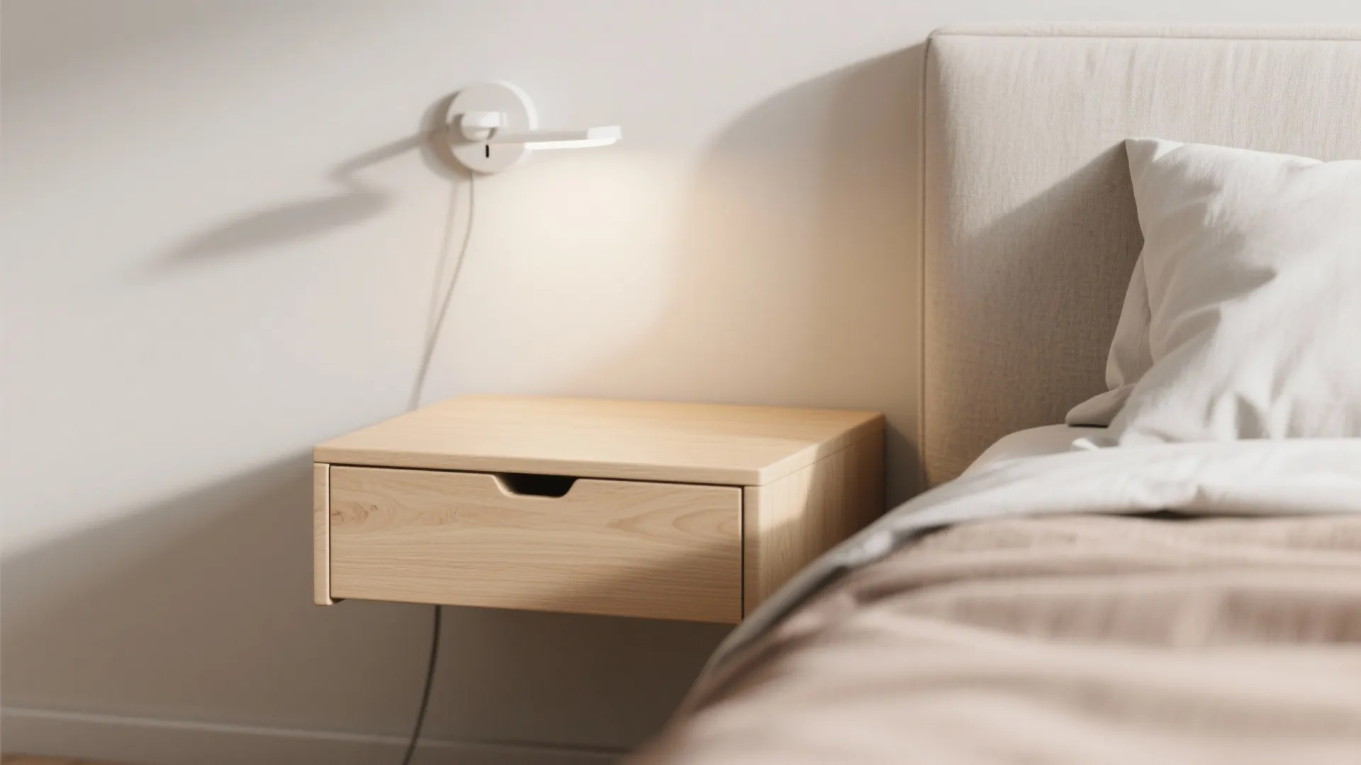 Modern wooden floating nightstand with one drawer next to bed and a white wall light