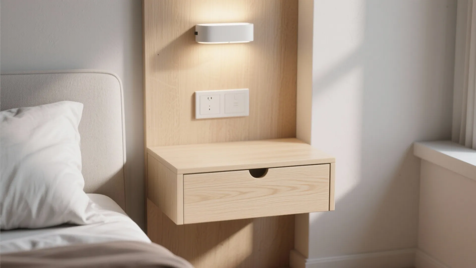 Light wood floating bedside table with drawer attached to wall panel next to soft bed