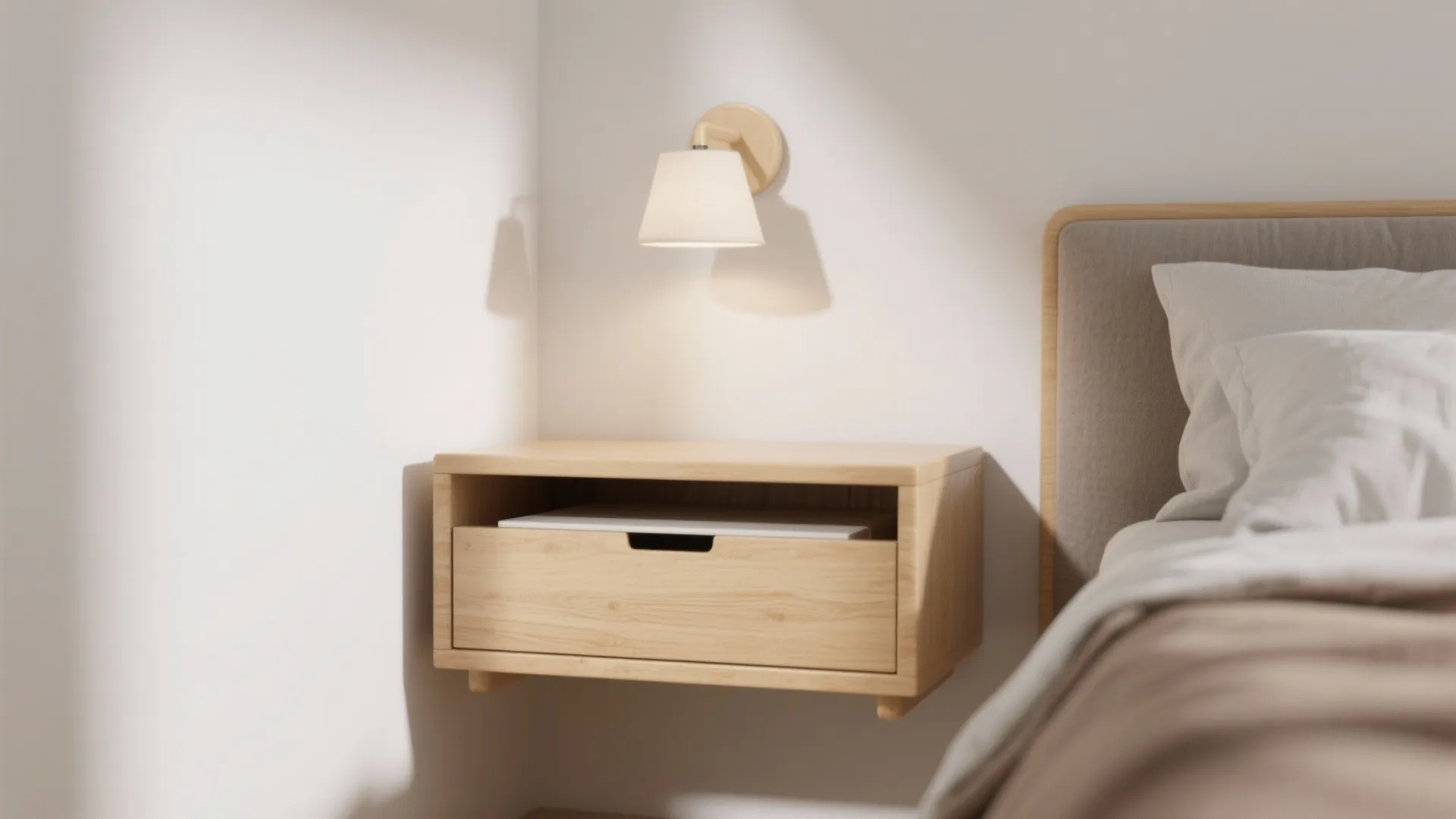 Modern wooden floating nightstand with a wall light fixture beside a cozy bed with pillows