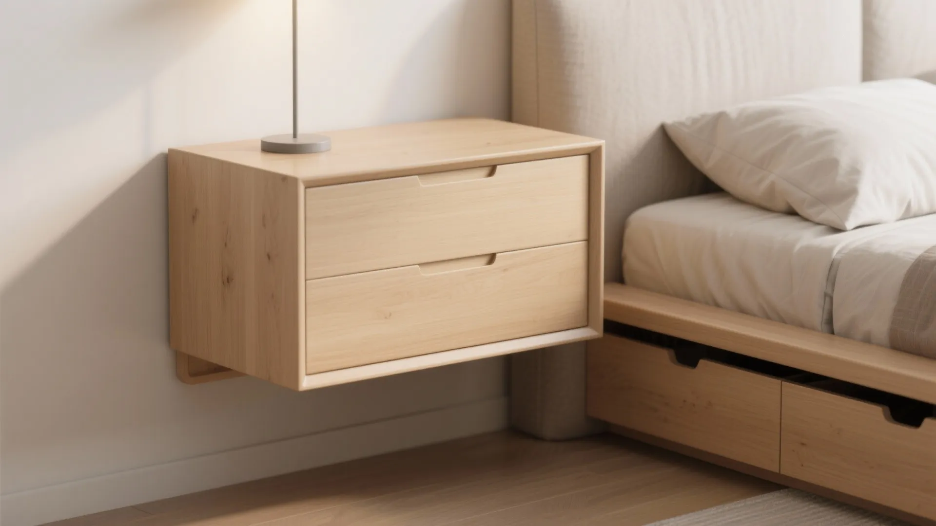 Floating wood nightstand with two drawers next to a bed frame with integrated storage drawers