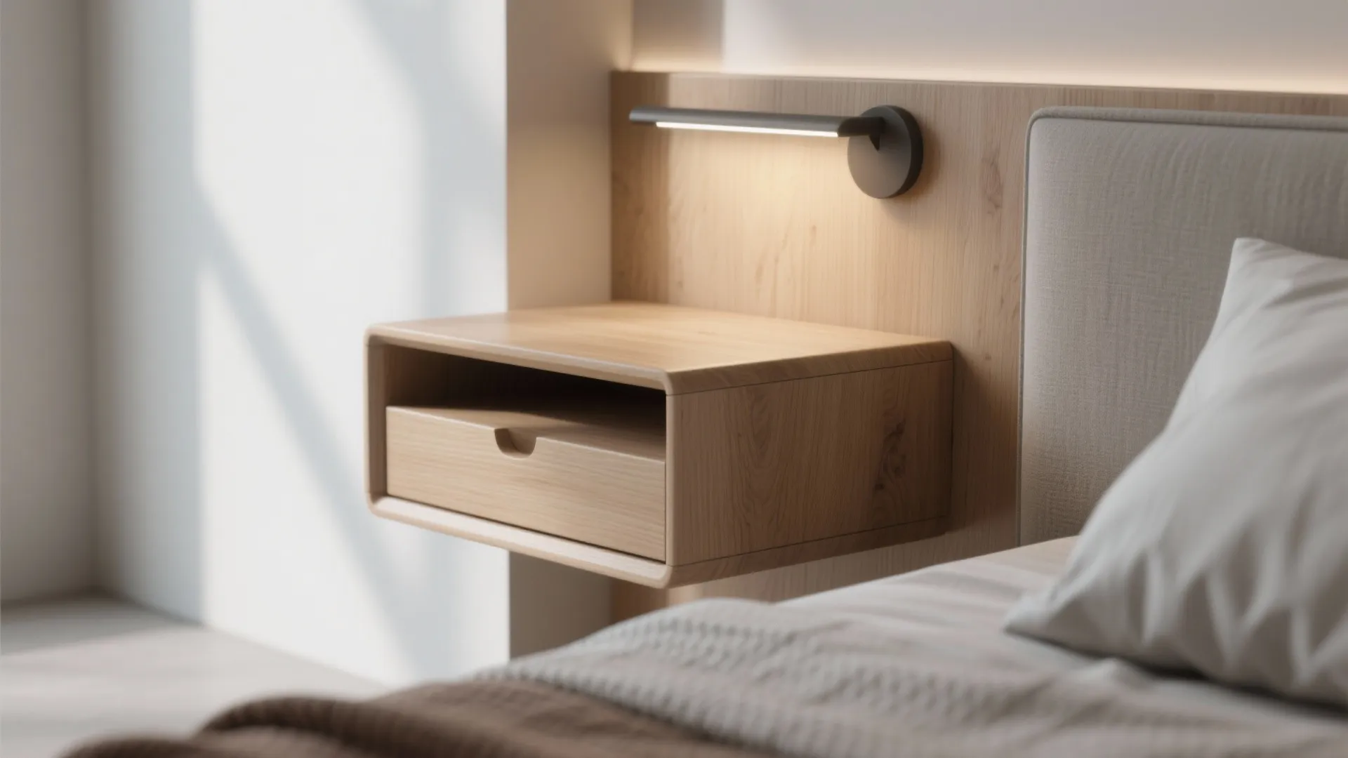 Modern wooden floating bedside table with a small drawer and black wall light above it