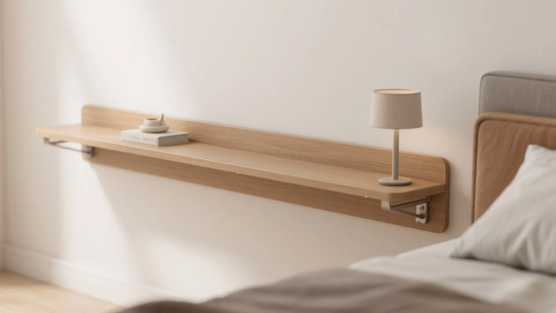 Close-up of a slim floating nightstand and wall shelf with concealed mounting and minimal decor.