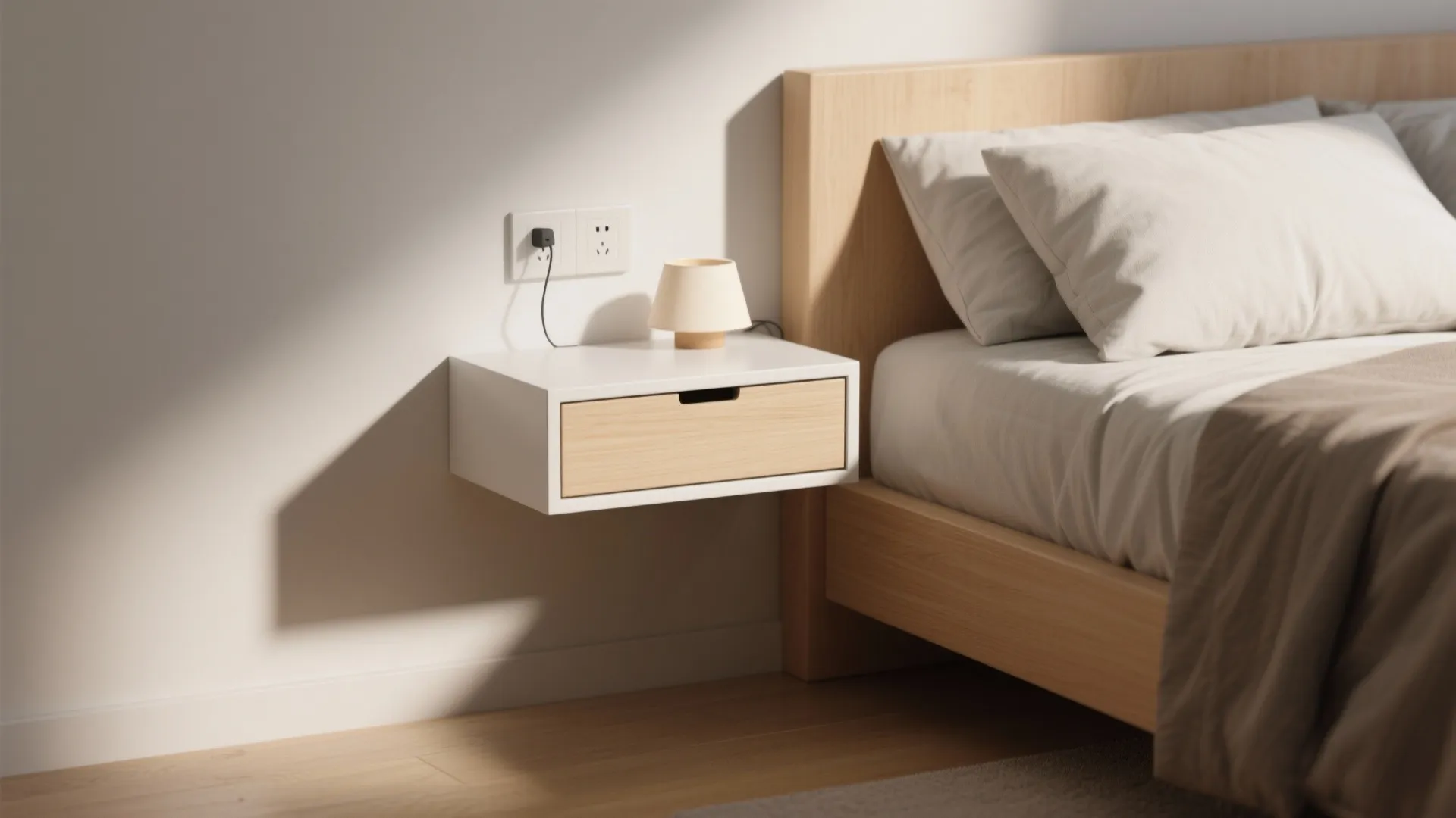 Modern white and wood floating bed side table with small light fixture and wall outlet