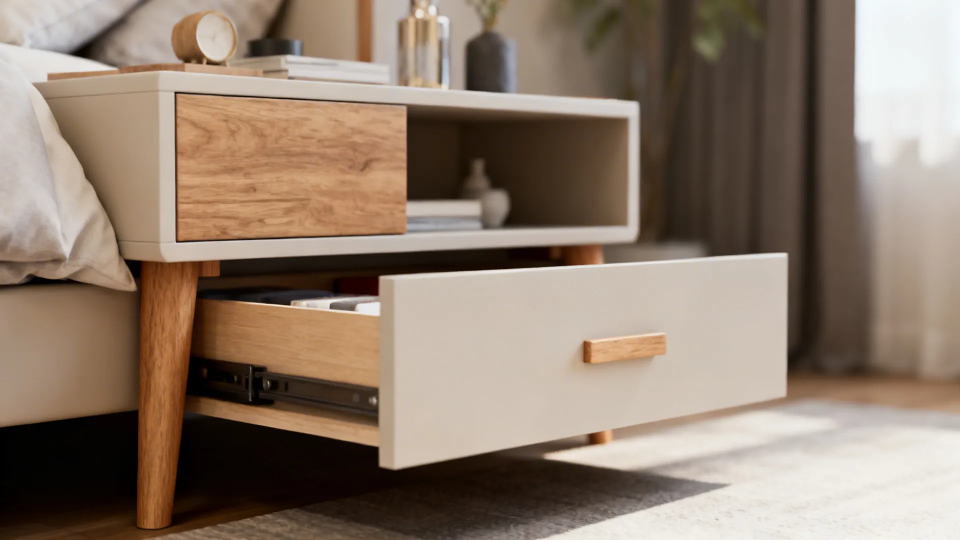 Floating nightstand with open legs and visible under-bed storage in a small bedroom.