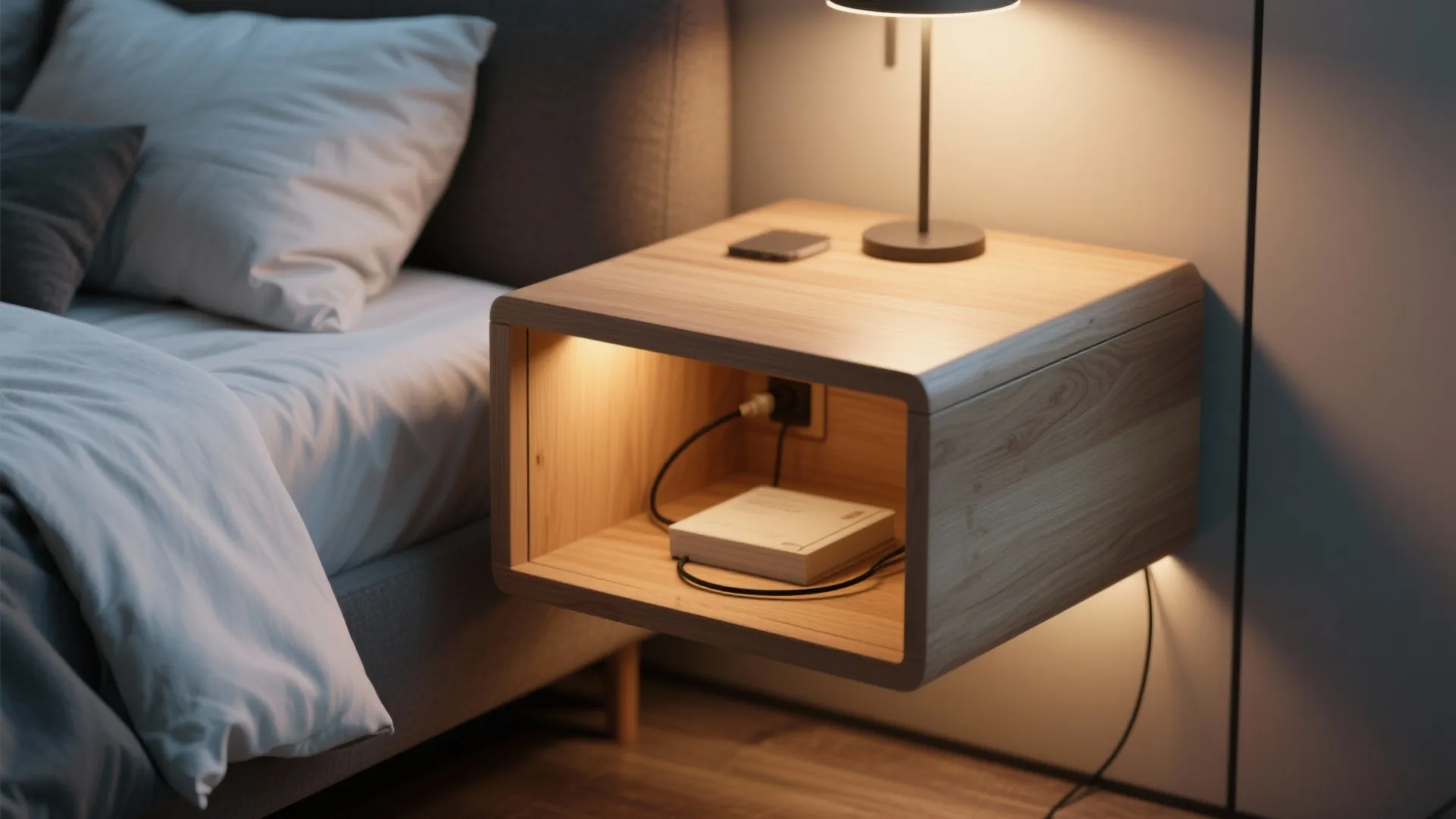 Close-up of floating wooden nightstand with hidden cable