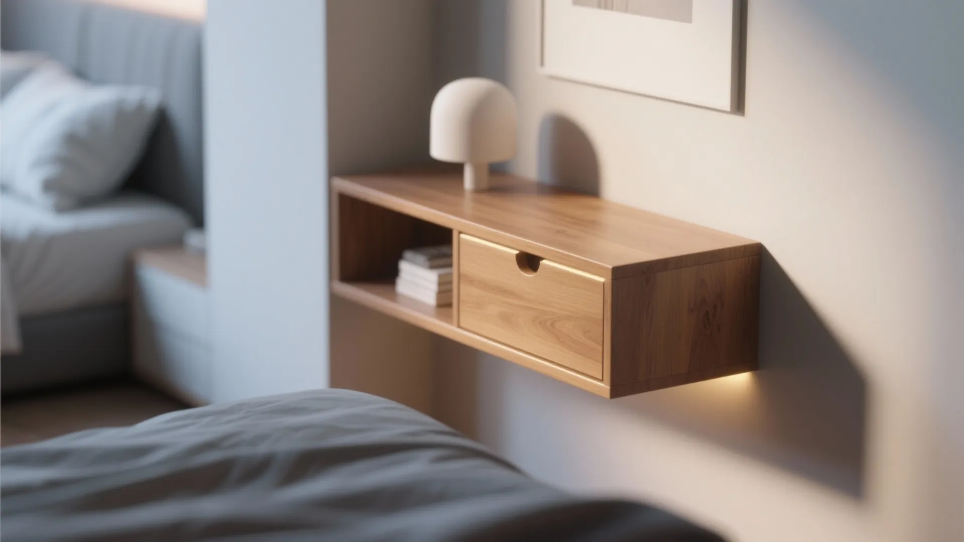 Close-up of a floating nightstand in a modern bedroom