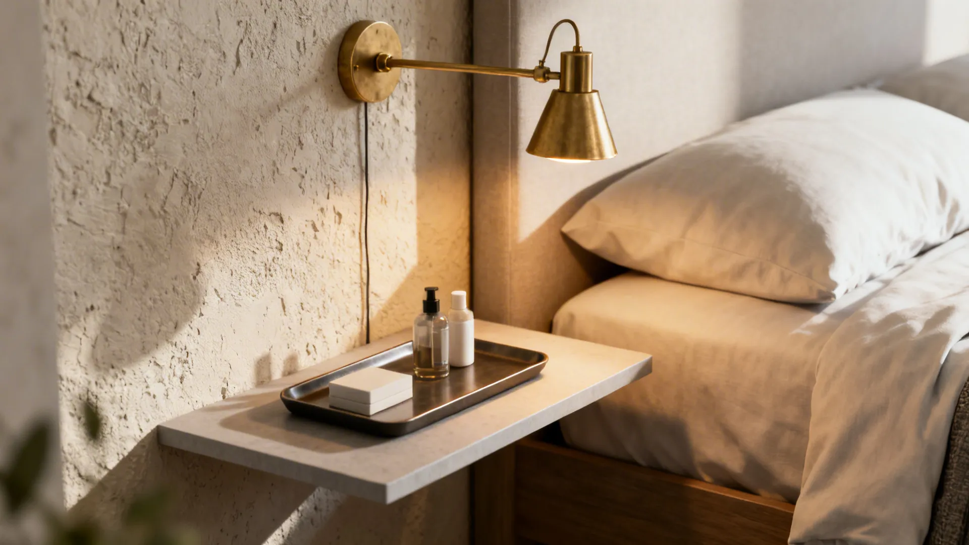 Floating nightstand shelf with a swing-arm wall sconce beside a king bed