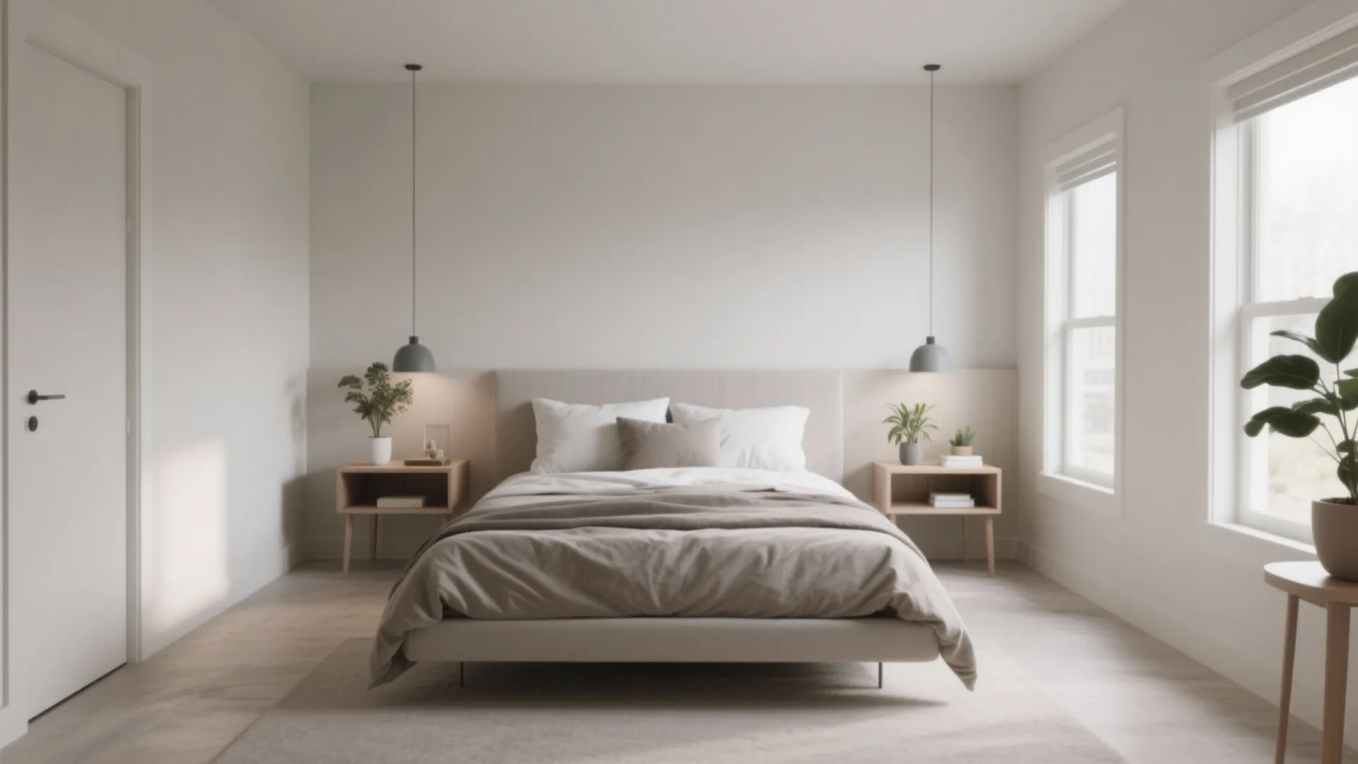 Minimalist bedroom with grey bed hanging ceiling lights wooden side tables and neutral white walls