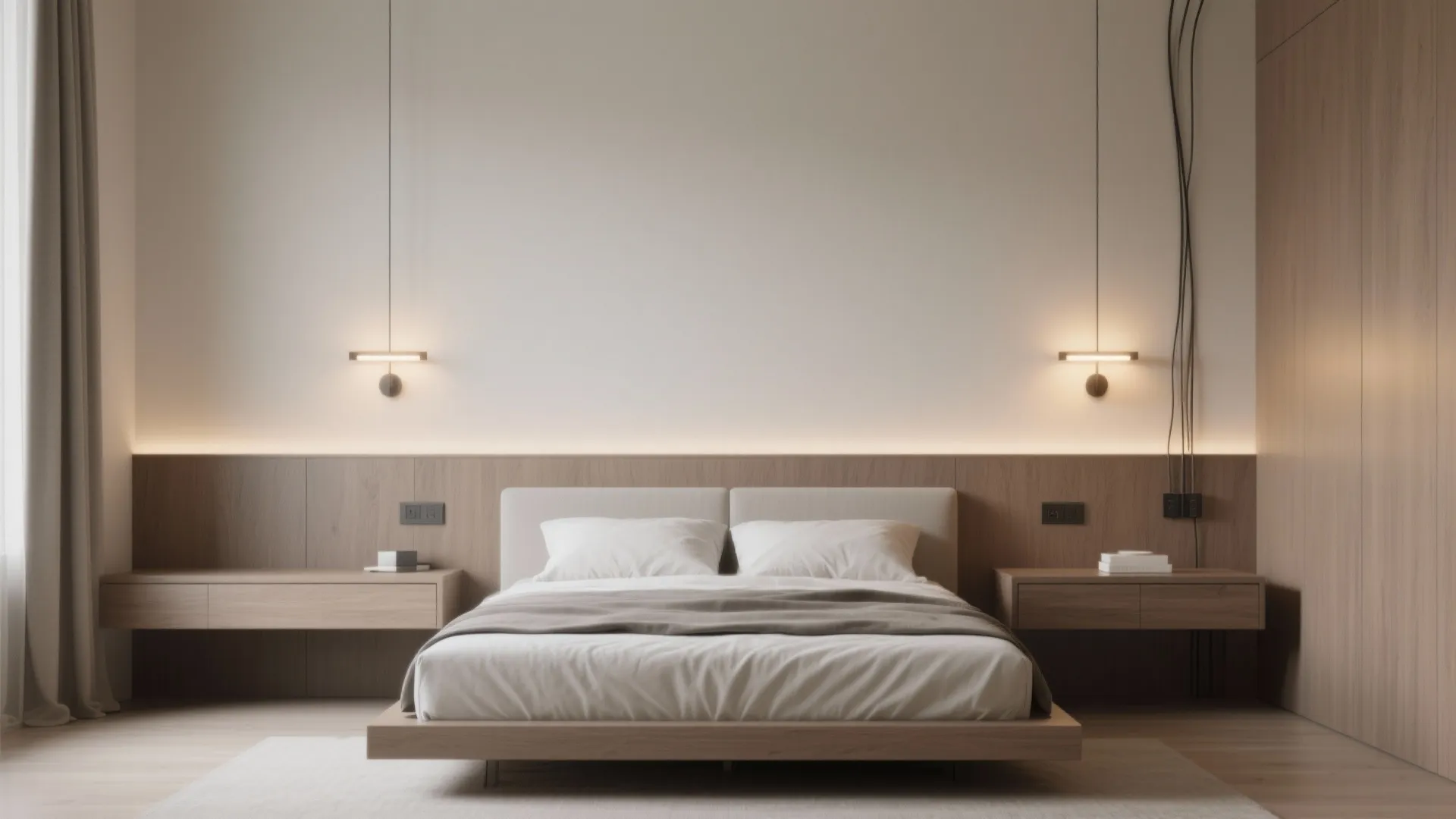Minimalist bedroom featuring a wooden bed frame two floating side tables and small wall lights