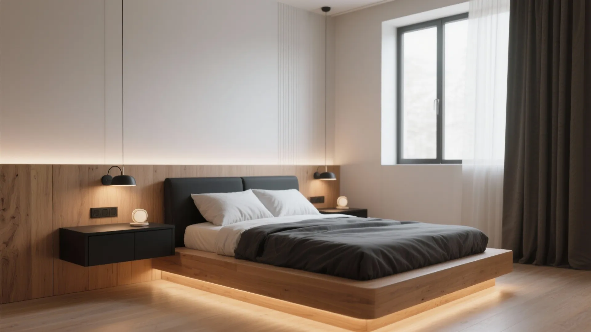 Modern bedroom with floating wooden bed frame integrated lighting black bedside tables and white bed linens