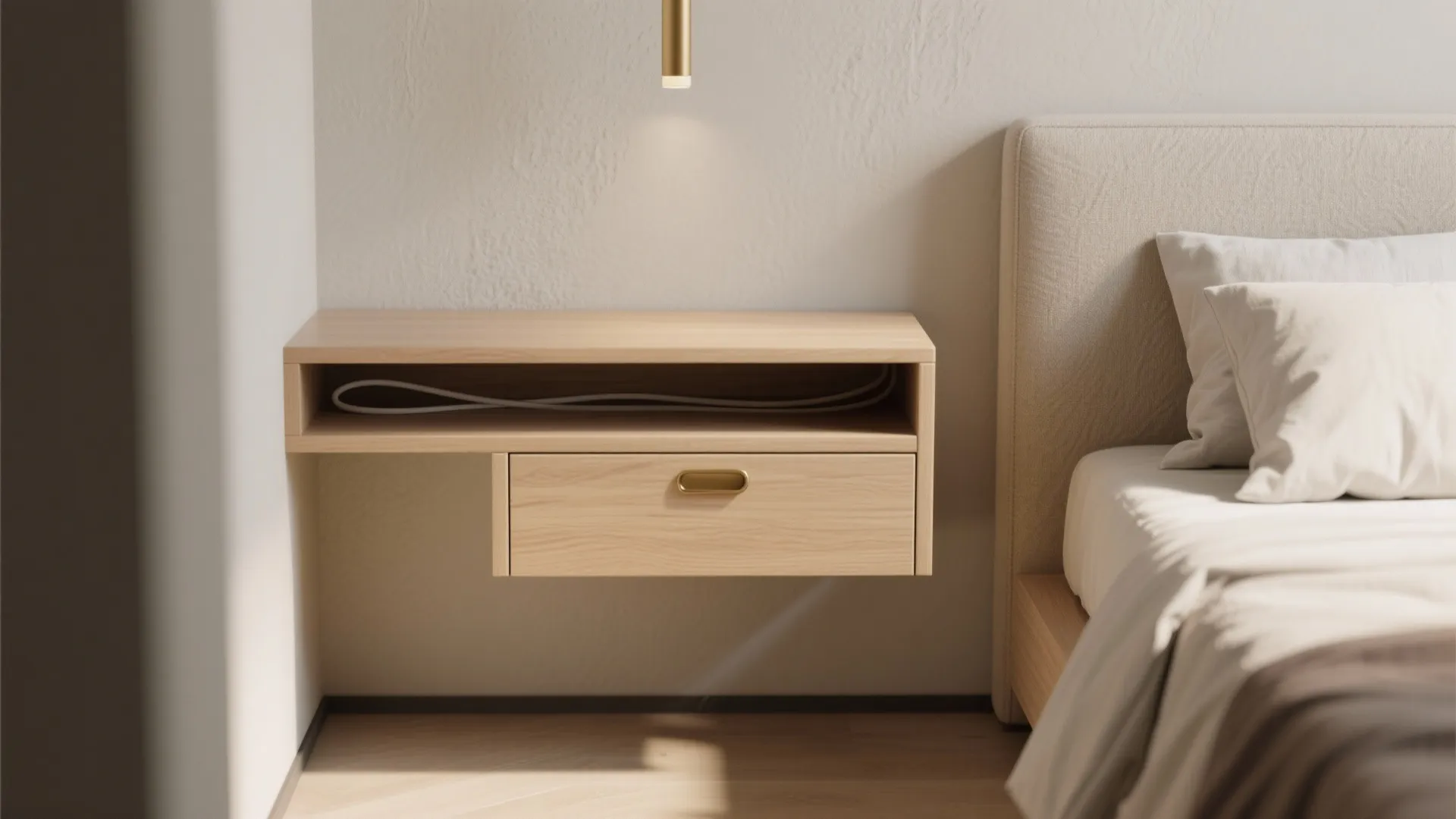 Close up of light wood floating side table with drawer next to a cozy bed