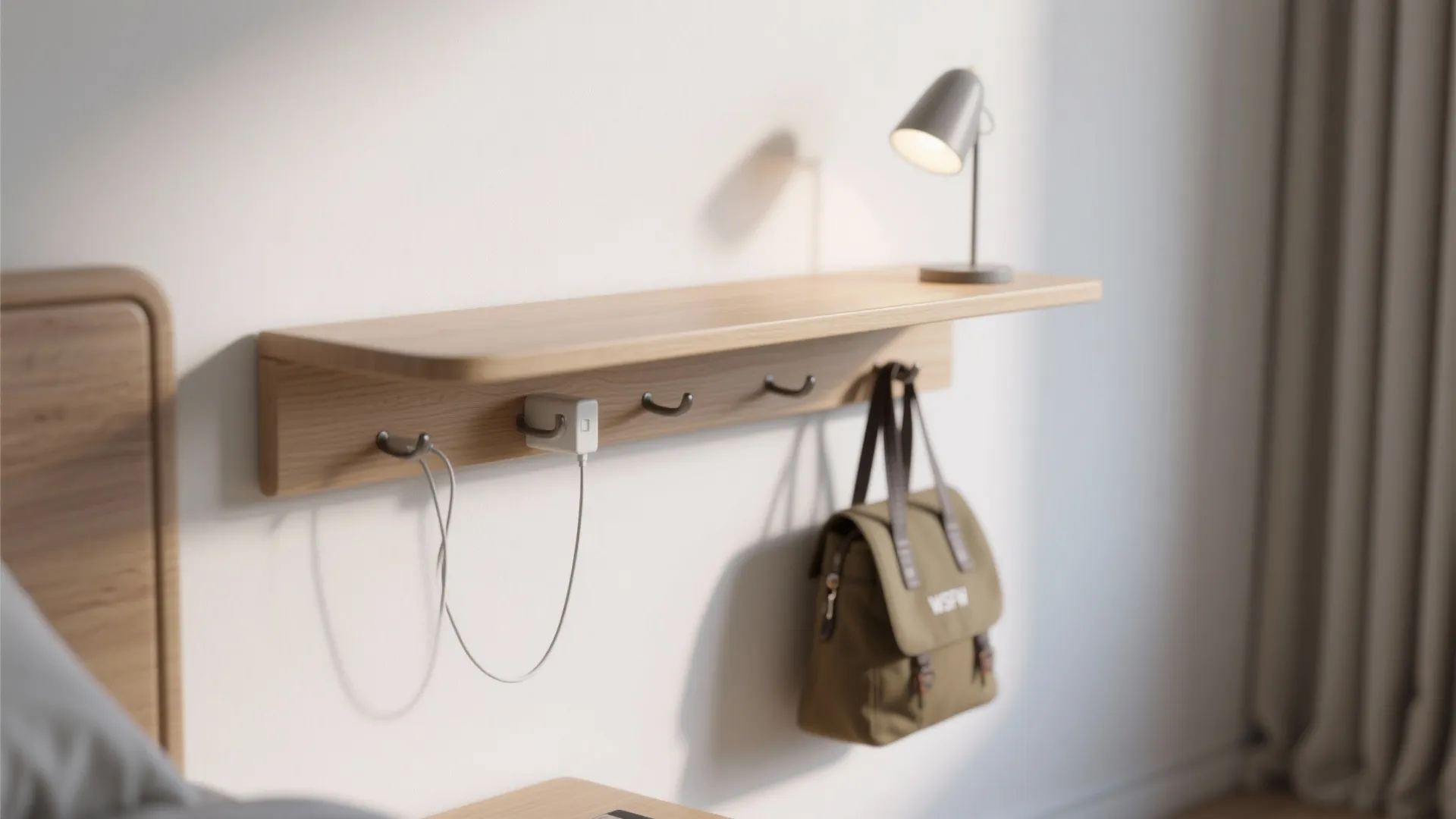 Macro view of a slim wall-mounted nightstand and floating shelf with a small lamp and hidden hooks underneath.