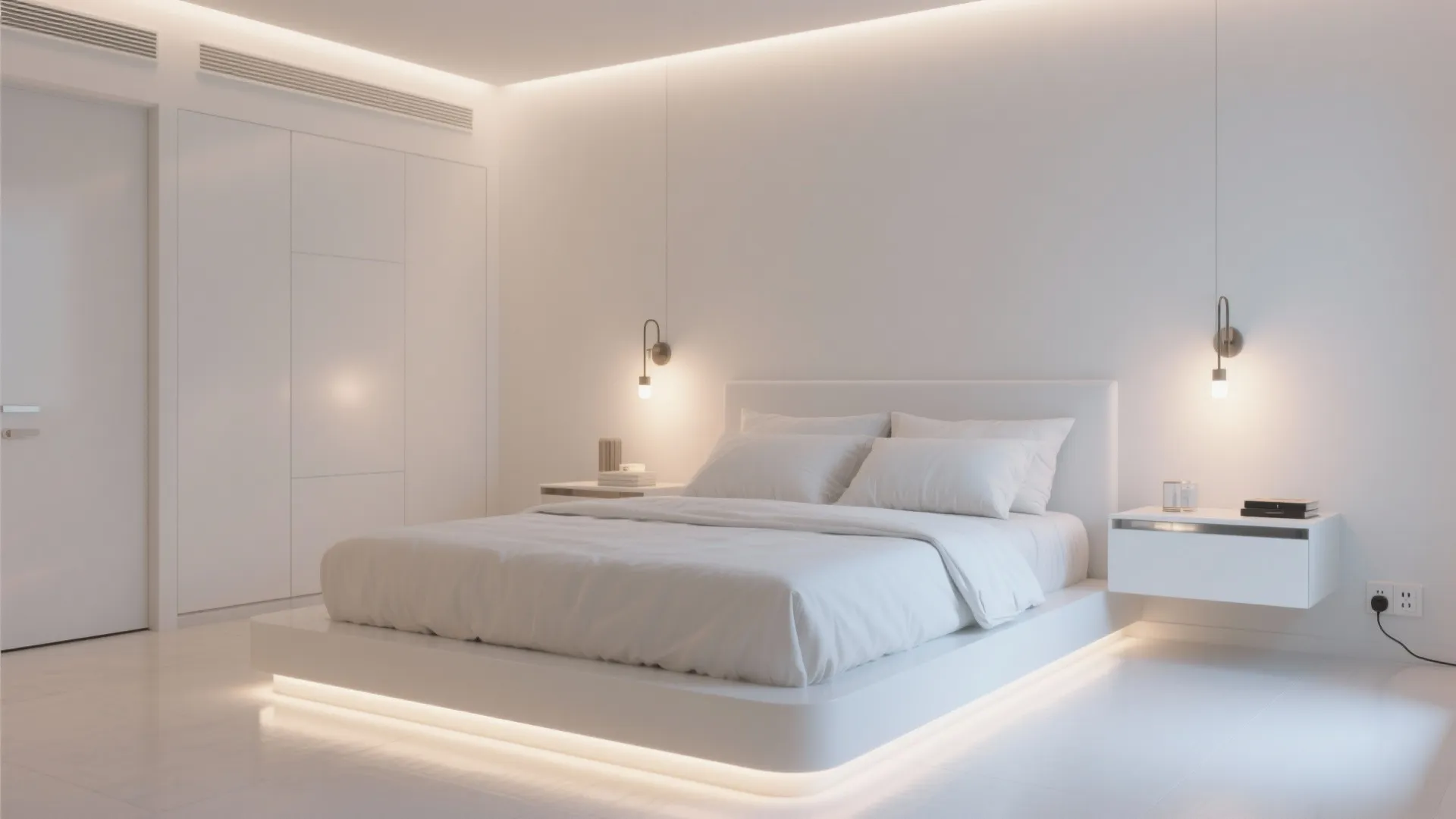 4. Floating nightstands and wall-mounted lighting