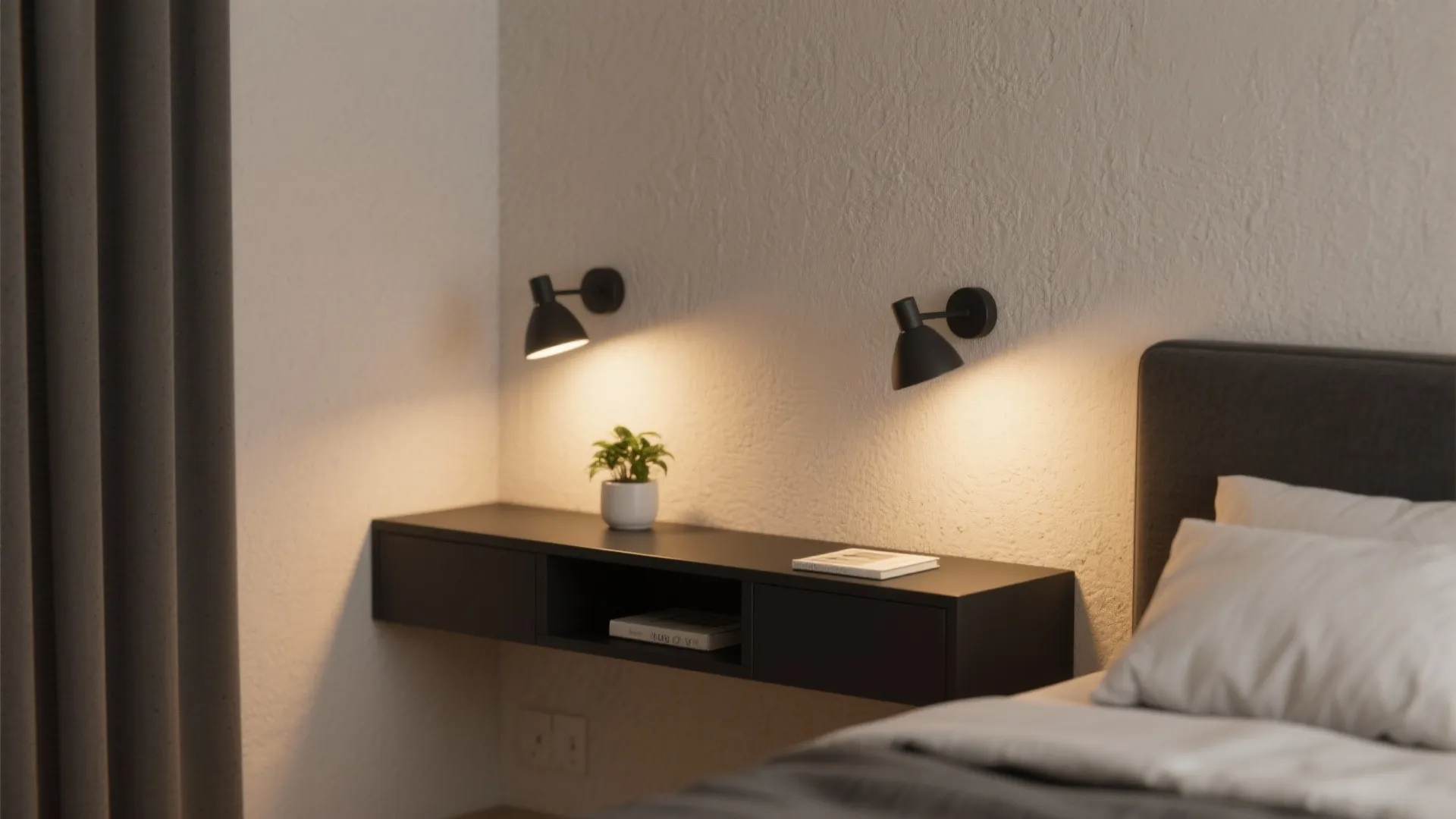 Modern bedroom featuring black floating nightstand with small plant and two black wall light fixtures