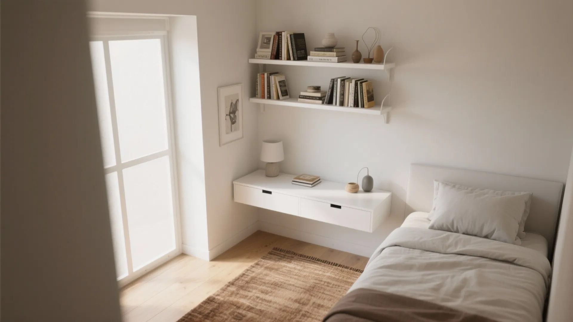 Minimalist white wall cabinet used as a bedside table below bookshelves near a large window