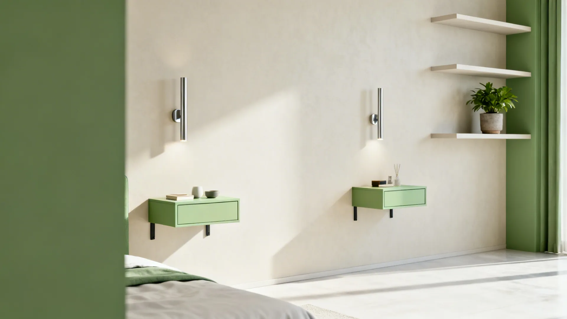 Small bedroom wall featuring wall-mounted nightstands, floating shelves and slim wall sconces.