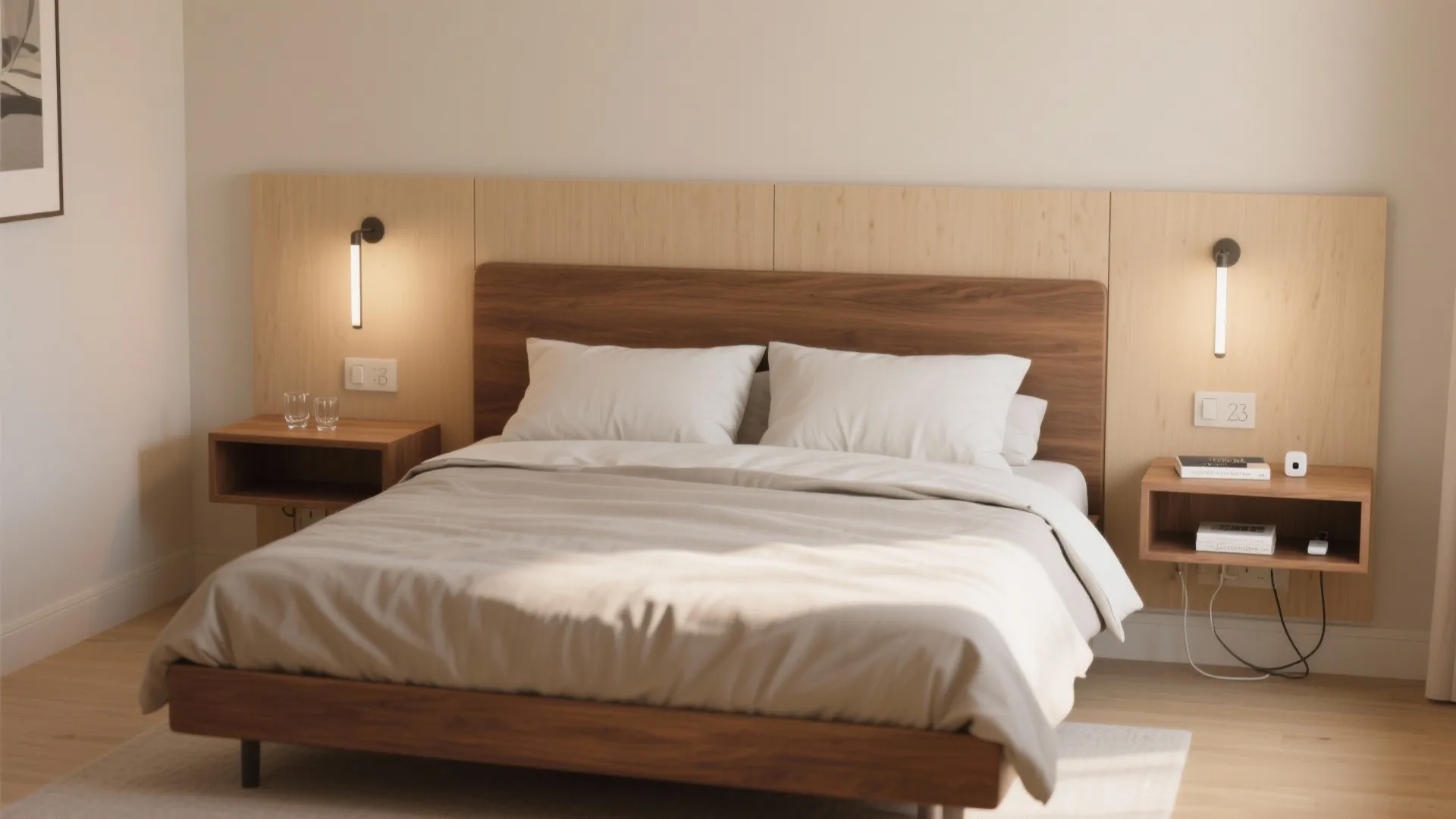 2) Wall-mounted nightstands + integrated headboard shelf