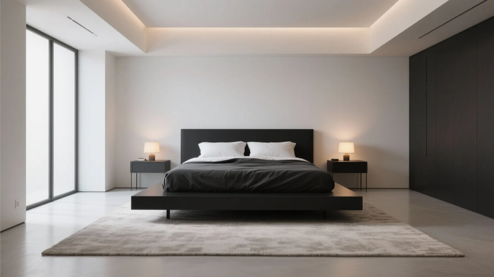 1. Matte black platform bed with floating nightstands