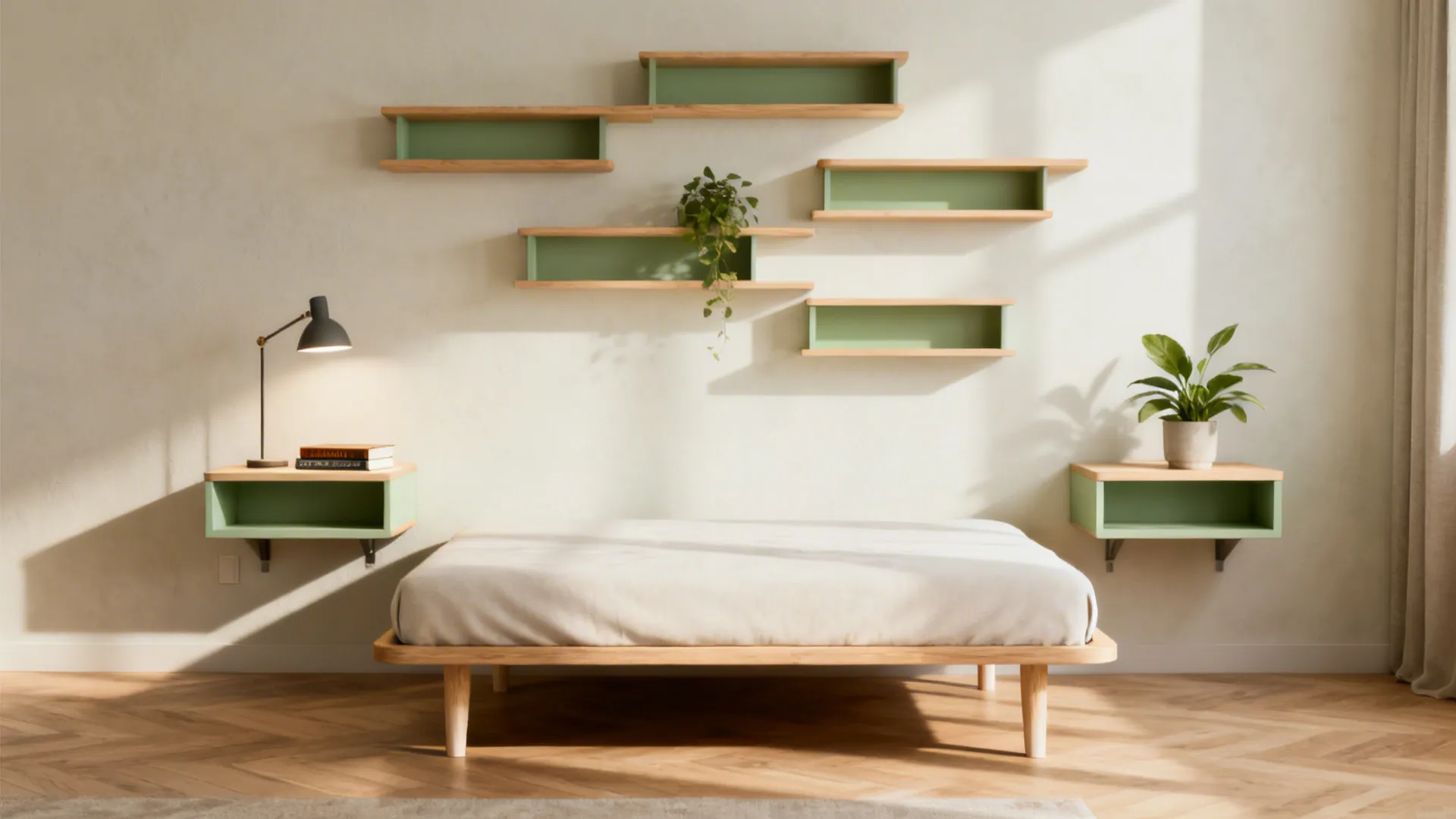 Small bedroom wall with floating nightstands and shelves creating airy floor space.