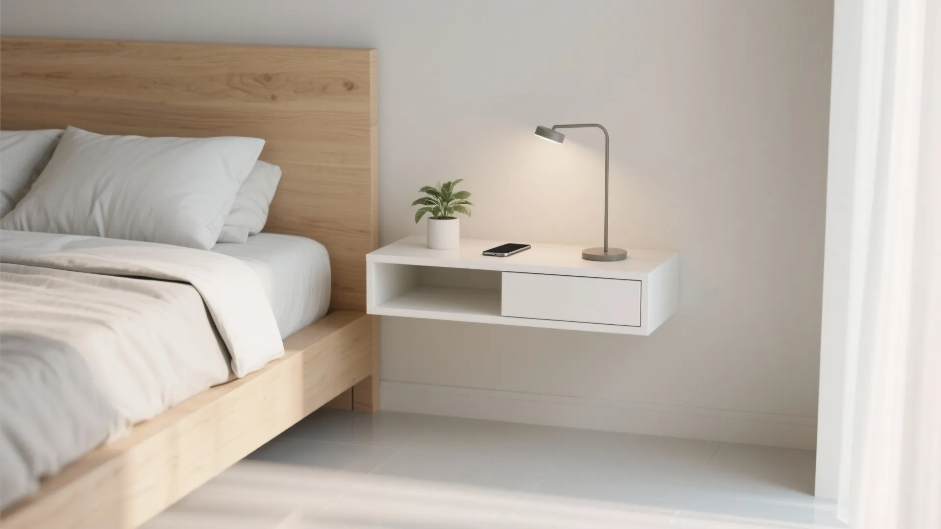 Modern white floating nightstand with small table lamp and green plant next to wooden bed