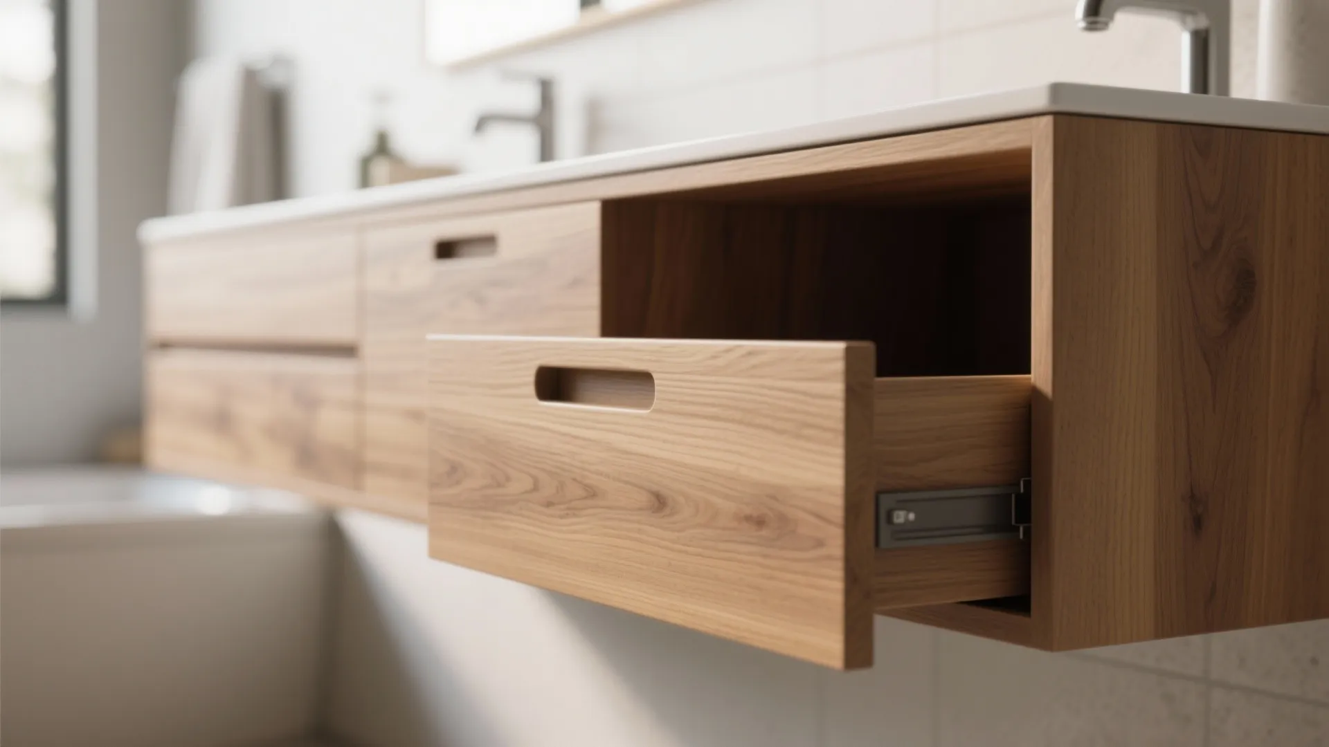 Close up of floating wood bathroom cabinet with an open drawer showing internal storage slide