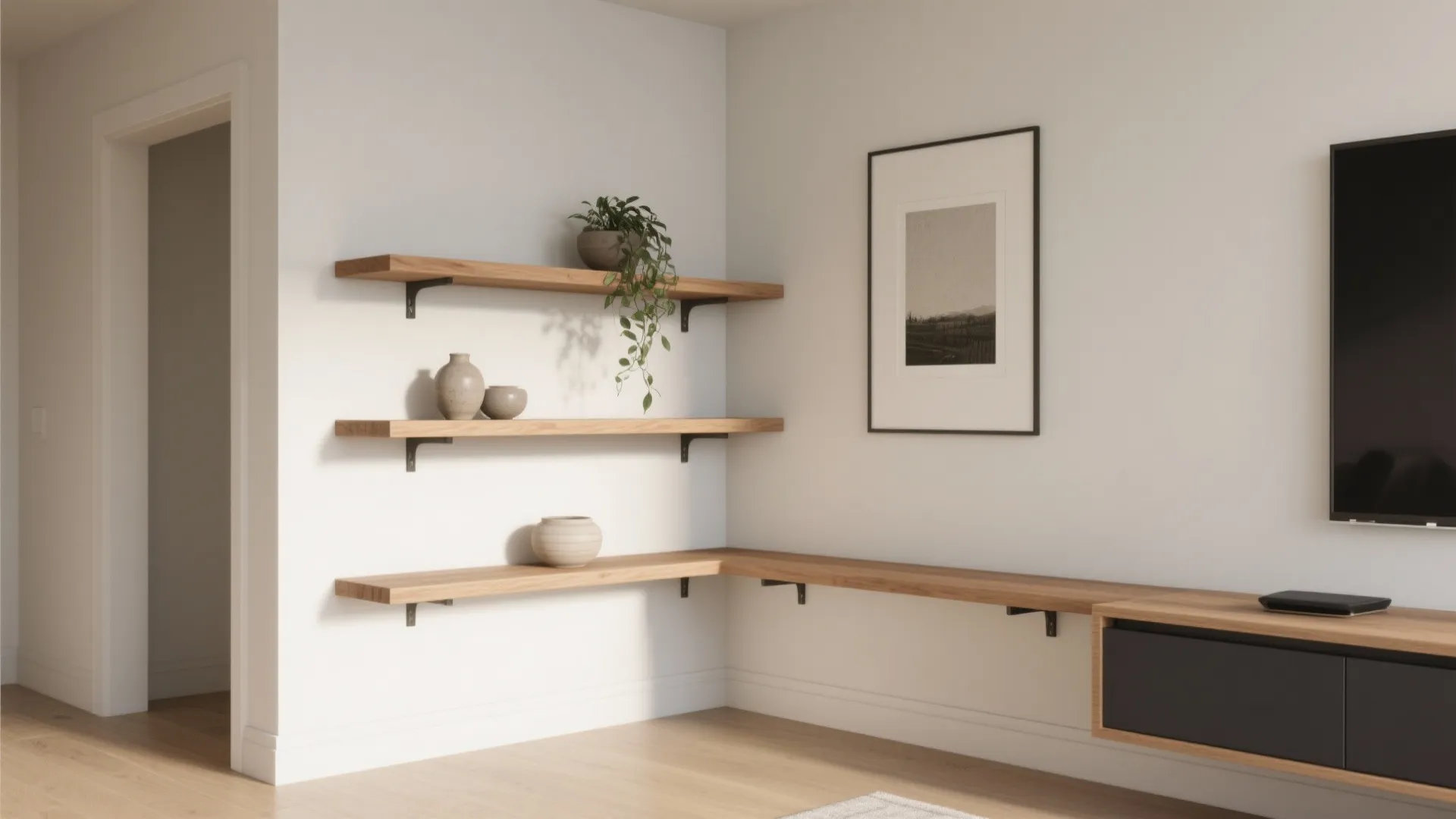 1) Floating Corner Shelves With Concealed Brackets