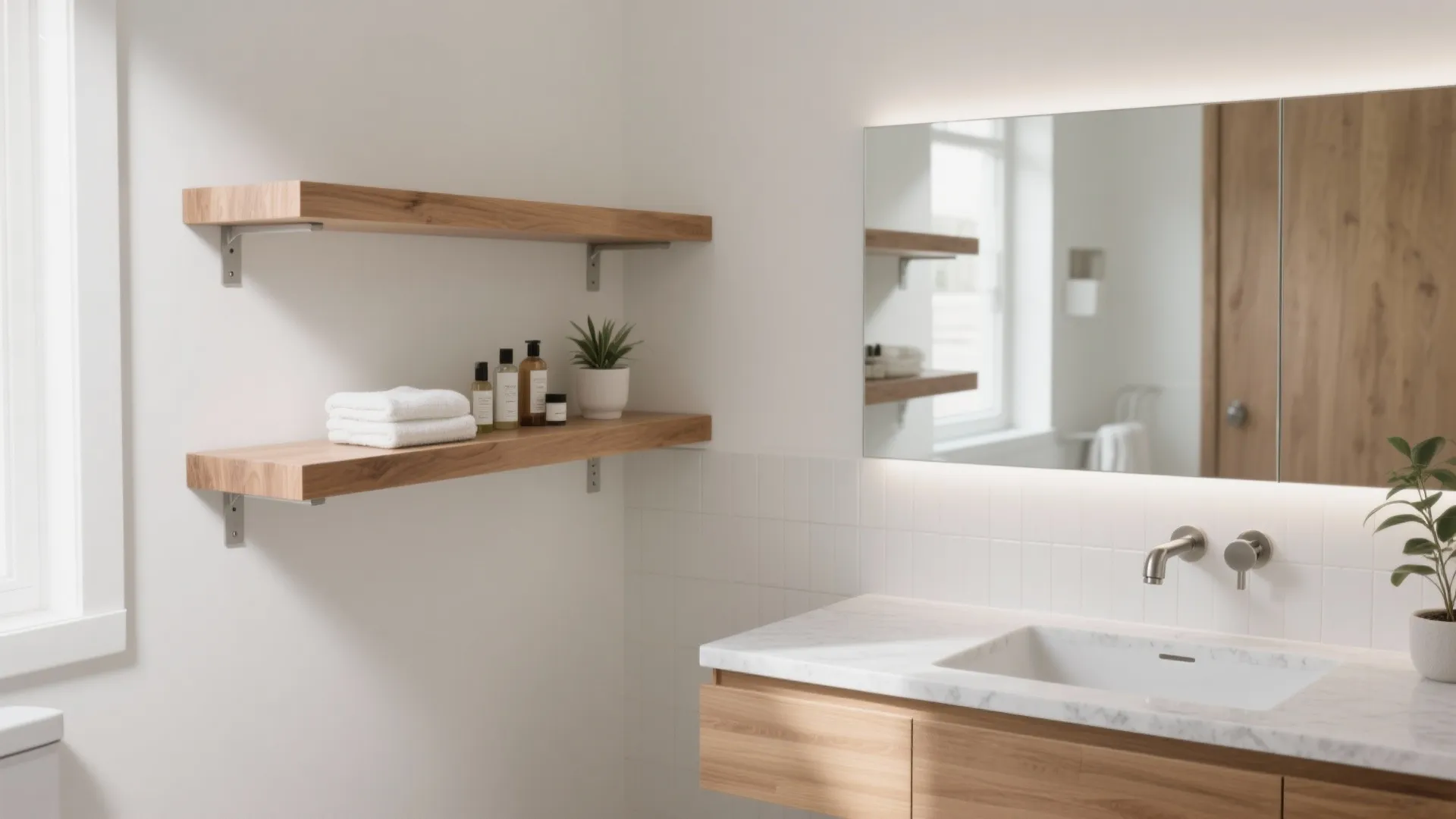 Modern bathroom with wooden wall shelves holding towels and bottles next to a lighted mirror