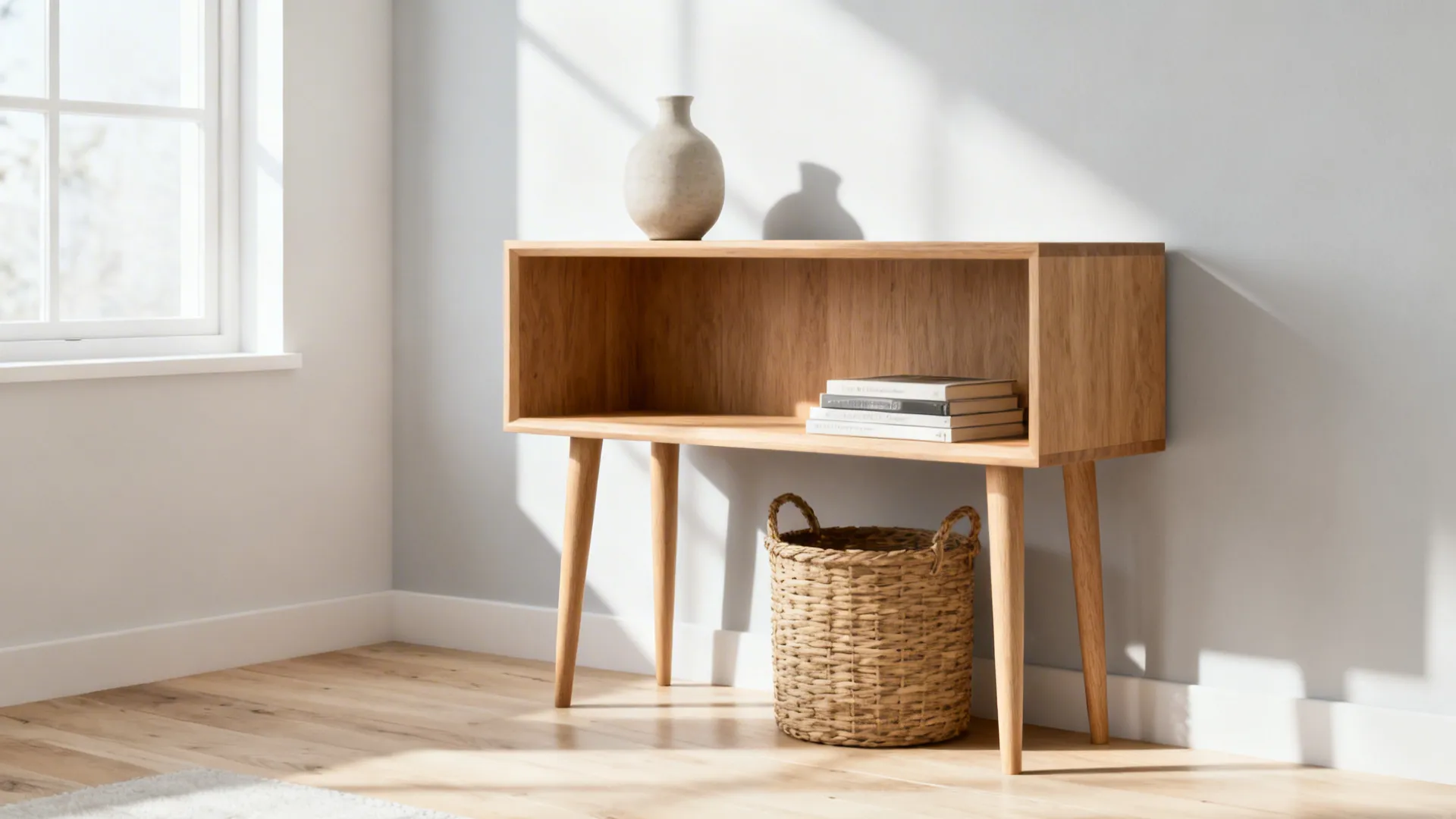Light wood cabinet with books and vase standing on wood floor near a bright window