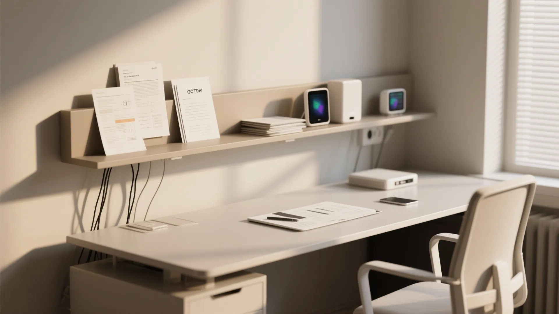 Modern office desk with a floating wall shelf holding papers and small electronic display devices