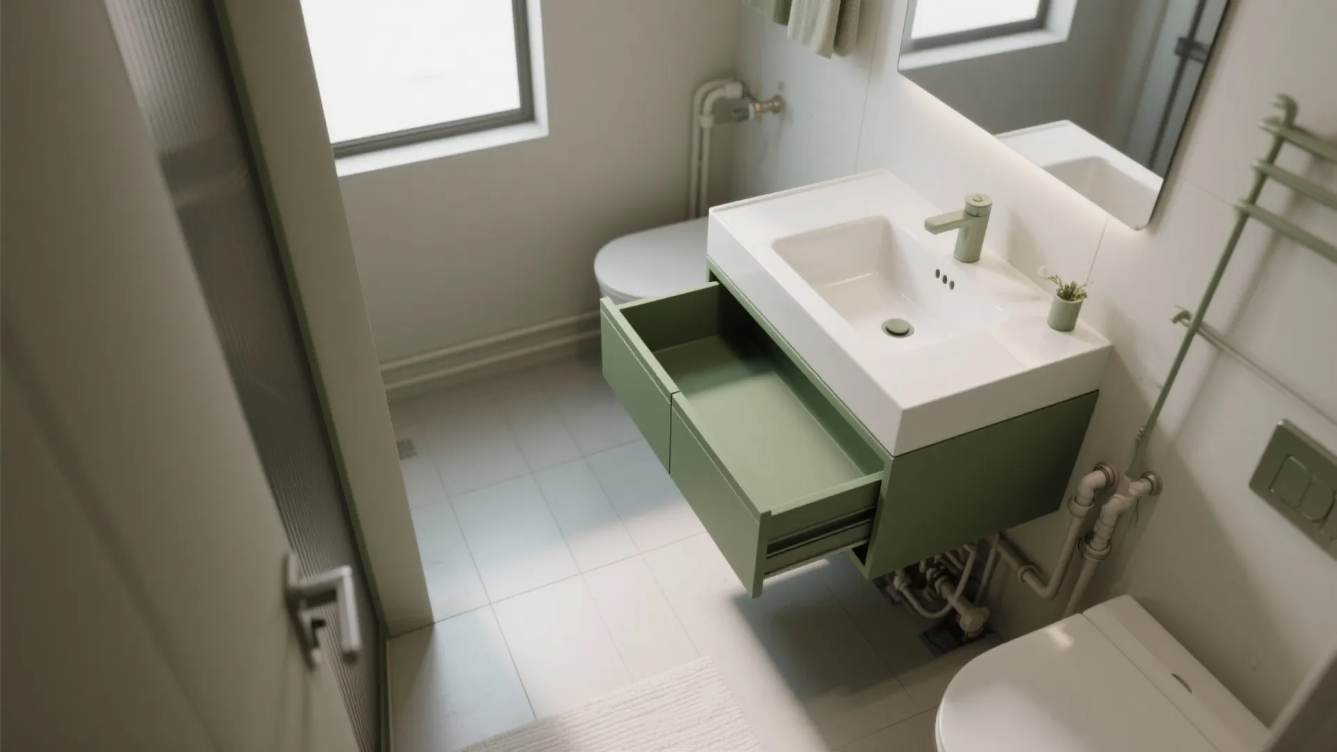 Small modern bathroom with olive green wall cabinet open drawer white sink and white tiles