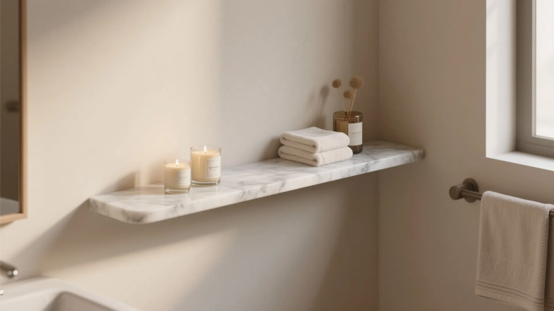 Floating marble shelf in bathroom with two candles, white towels, and a small flower vase