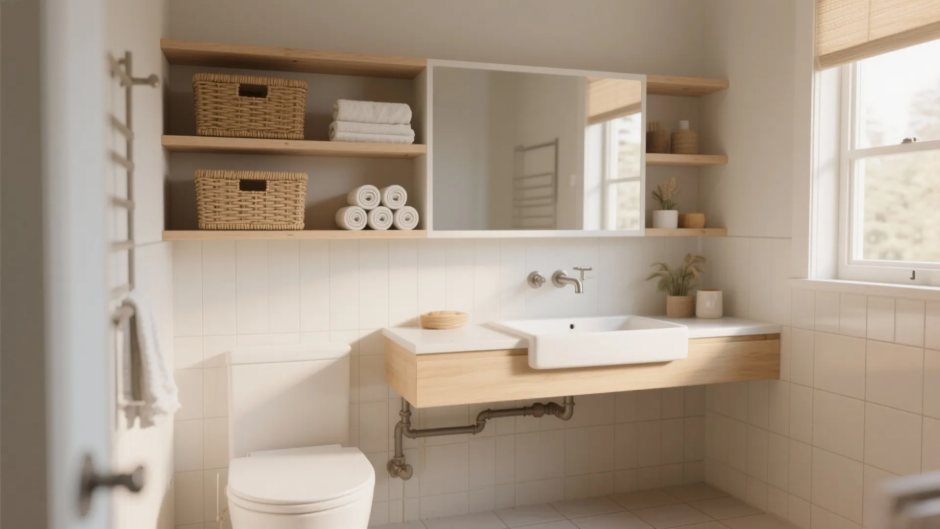 1. Floating vanity with open shelving