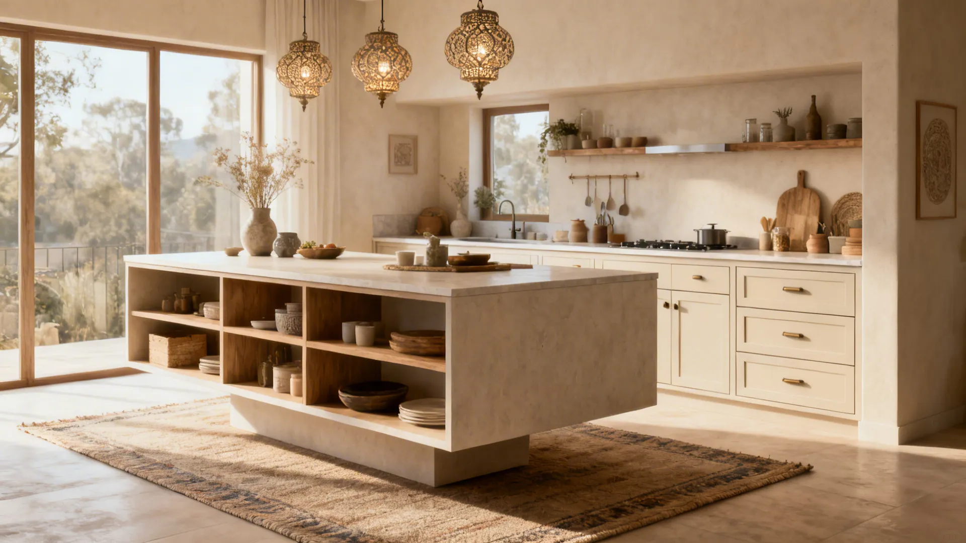 Floating kitchen island with open shelving, pendant lights and a rug in a compact L-shaped kitchen.