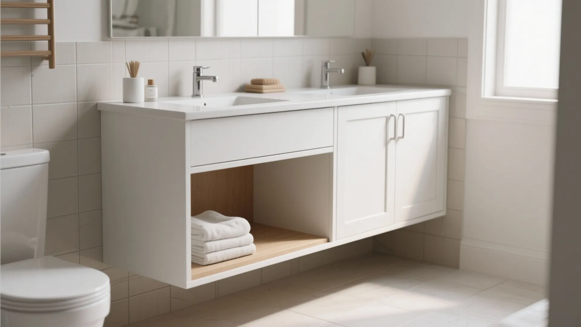 1. Floating white shaker vanity with open shelf