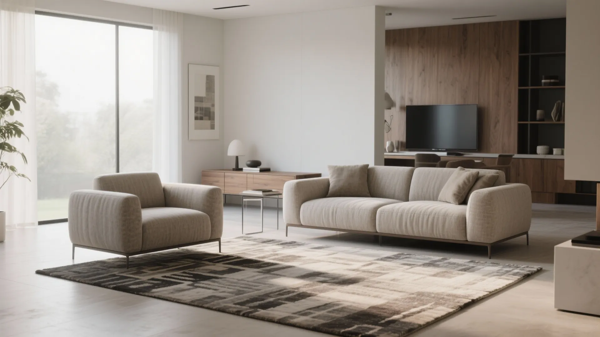 Spacious living room with large sofa armchair patterned rug wooden cabinet and big glass windows view