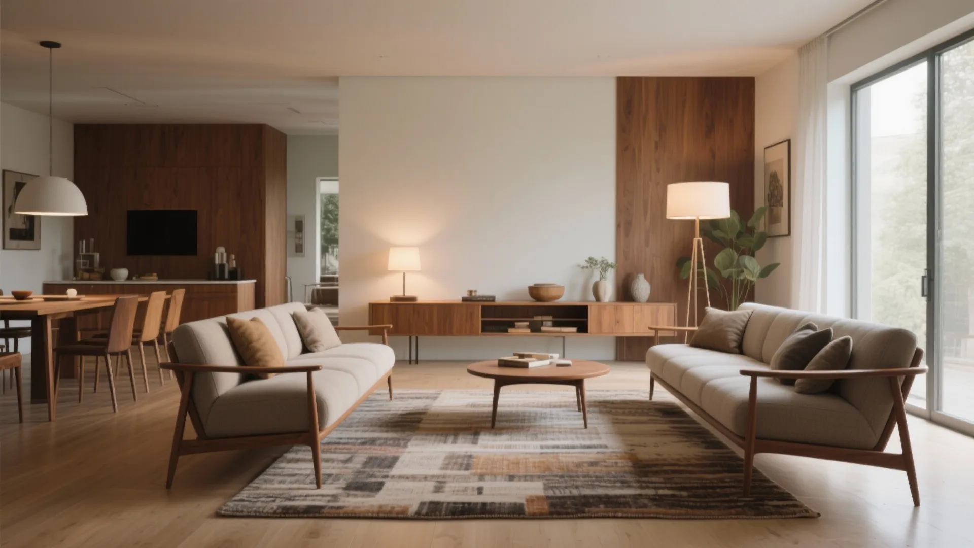 Open-plan room with two floated sofas forming an island seating area anchored by a rug