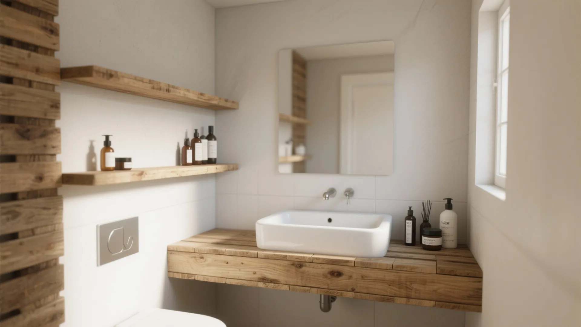 Floating pallet wood shelves in small bathroom